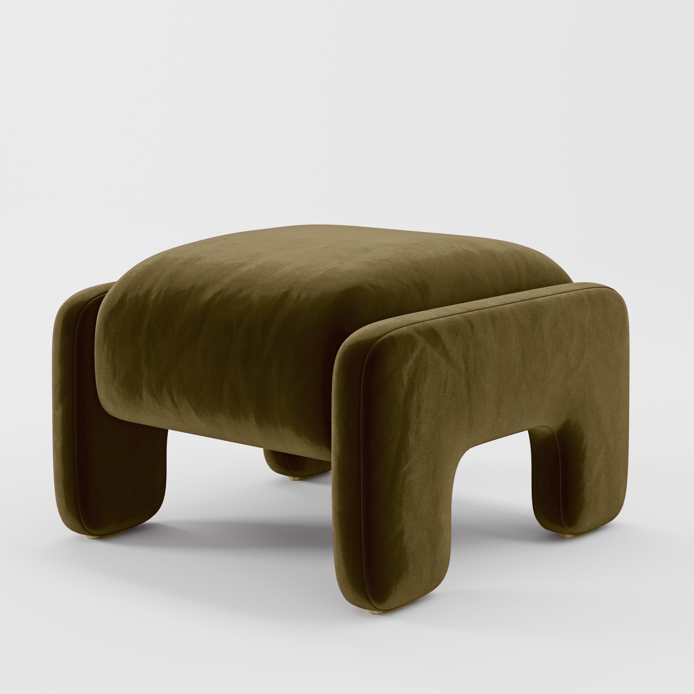 Diagonal view of the Inny footstool upholstered in Plush EasyClean Velvet in Cedar.