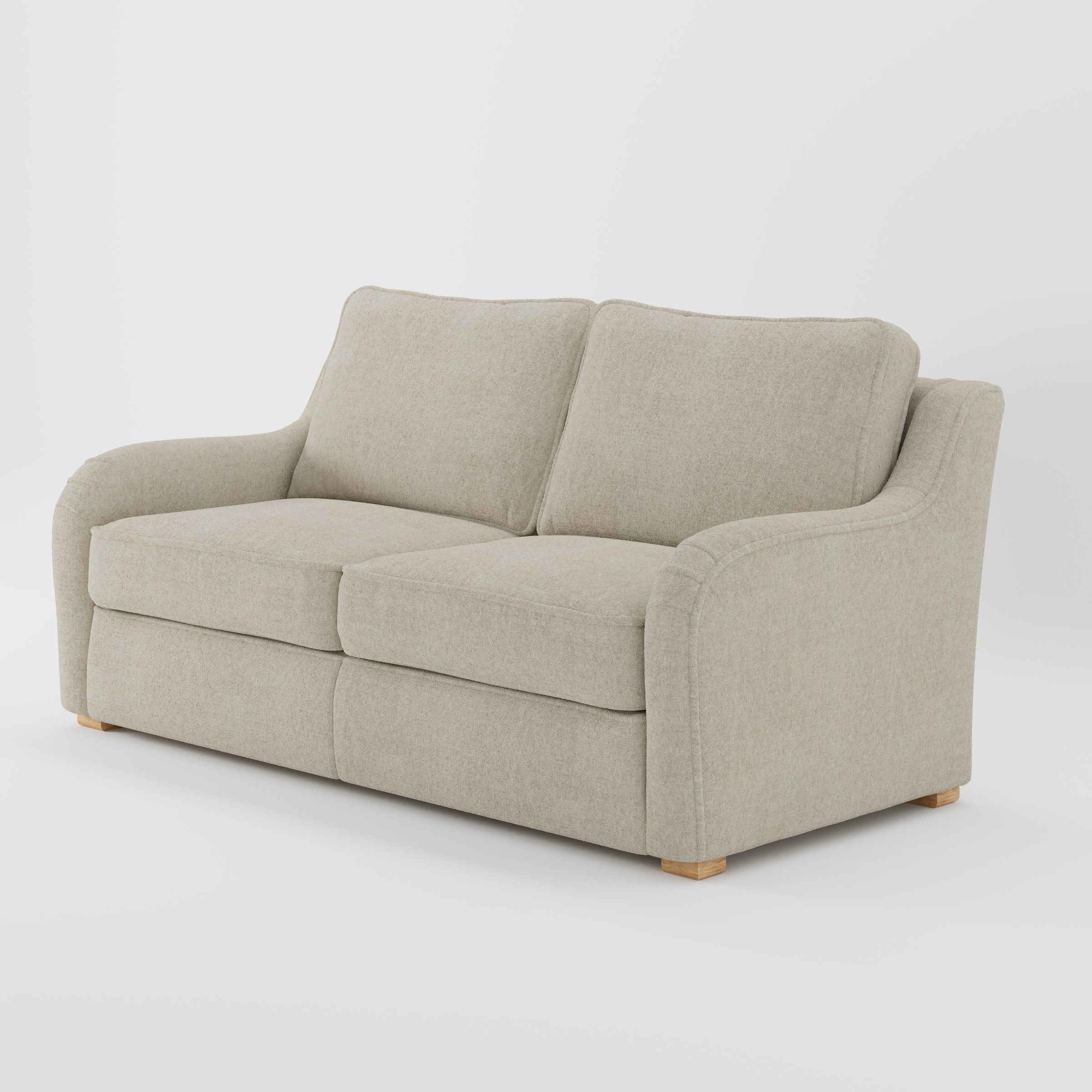 Cashel sofa in Alderney Linen Oatmeal shown at a diagonal angle highlighting arm profile and seat depth.