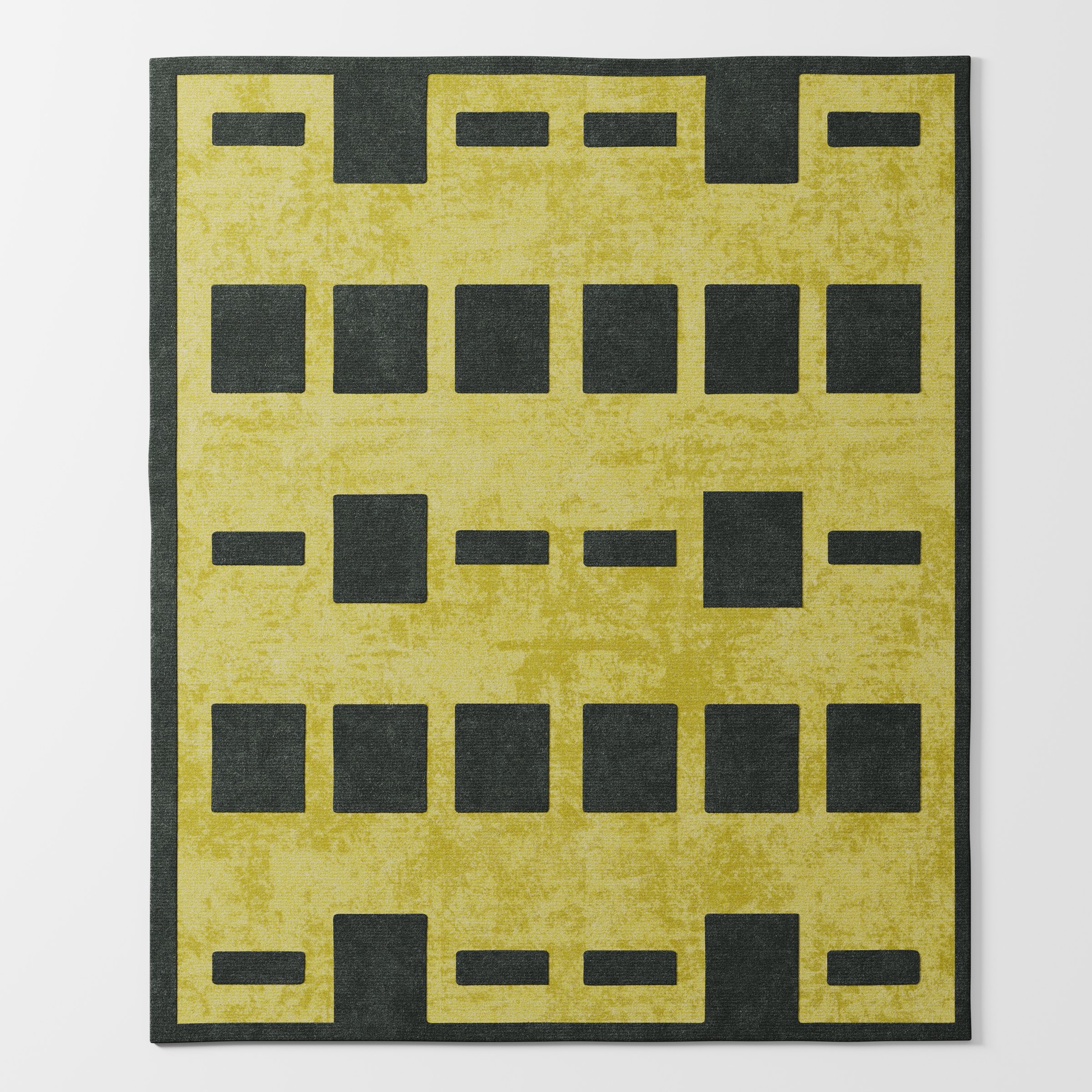 Wye rug in green and black with bold geometric pattern, full view showing rectangular layout and contrasting border, hand tufted wool and viscose blend