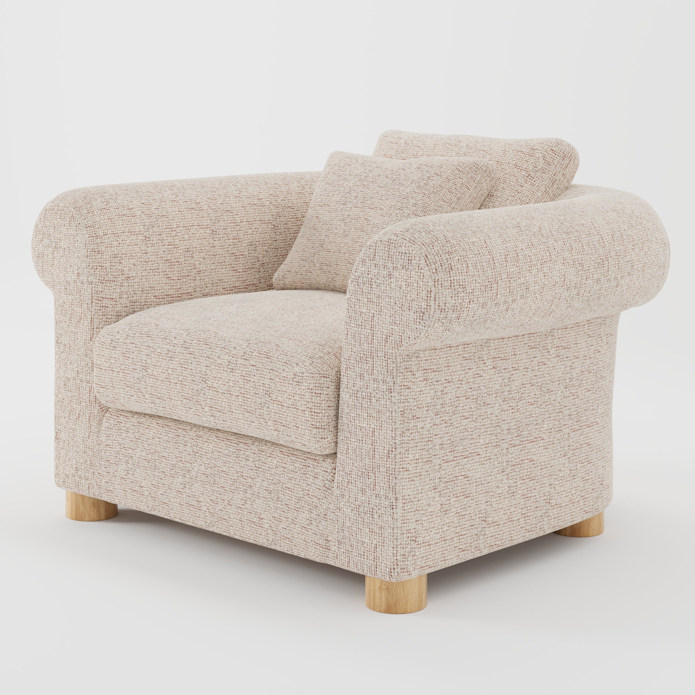 Windermere armchair in Orsay Boucle Cream and Copper shown at a diagonal angle highlighting rounded arms and relaxed seat depth.