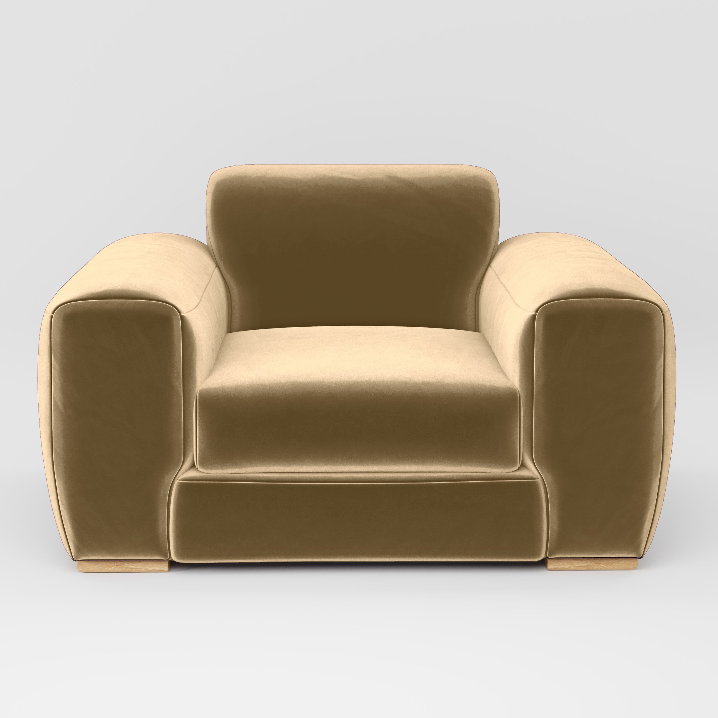 Front view of the Darwell armchair upholstered in Plush EasyClean Velvet in Cafe.