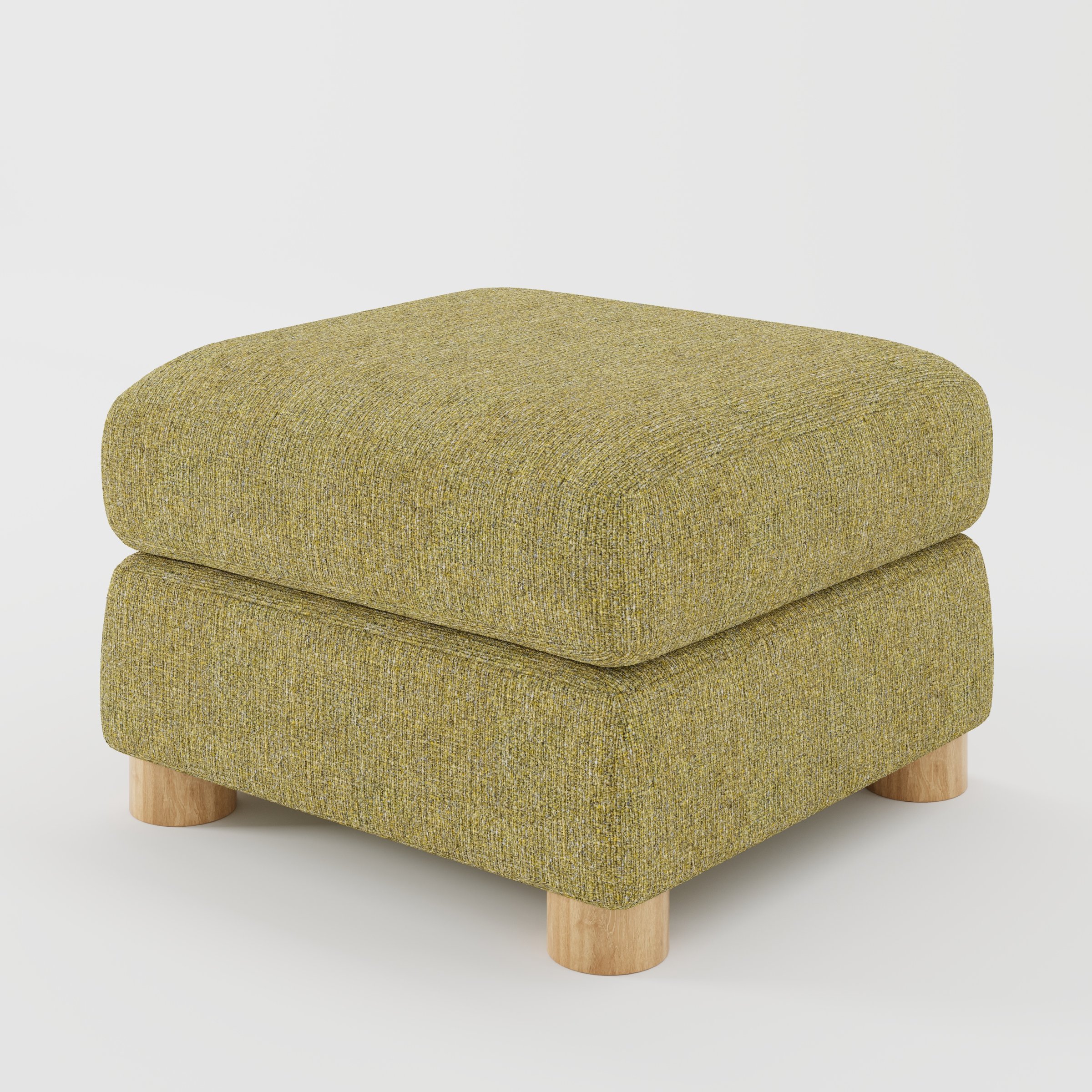 Windermere footstool in Heyling Tweed Sencha shown at a diagonal angle highlighting soft corners and rounded wooden feet.