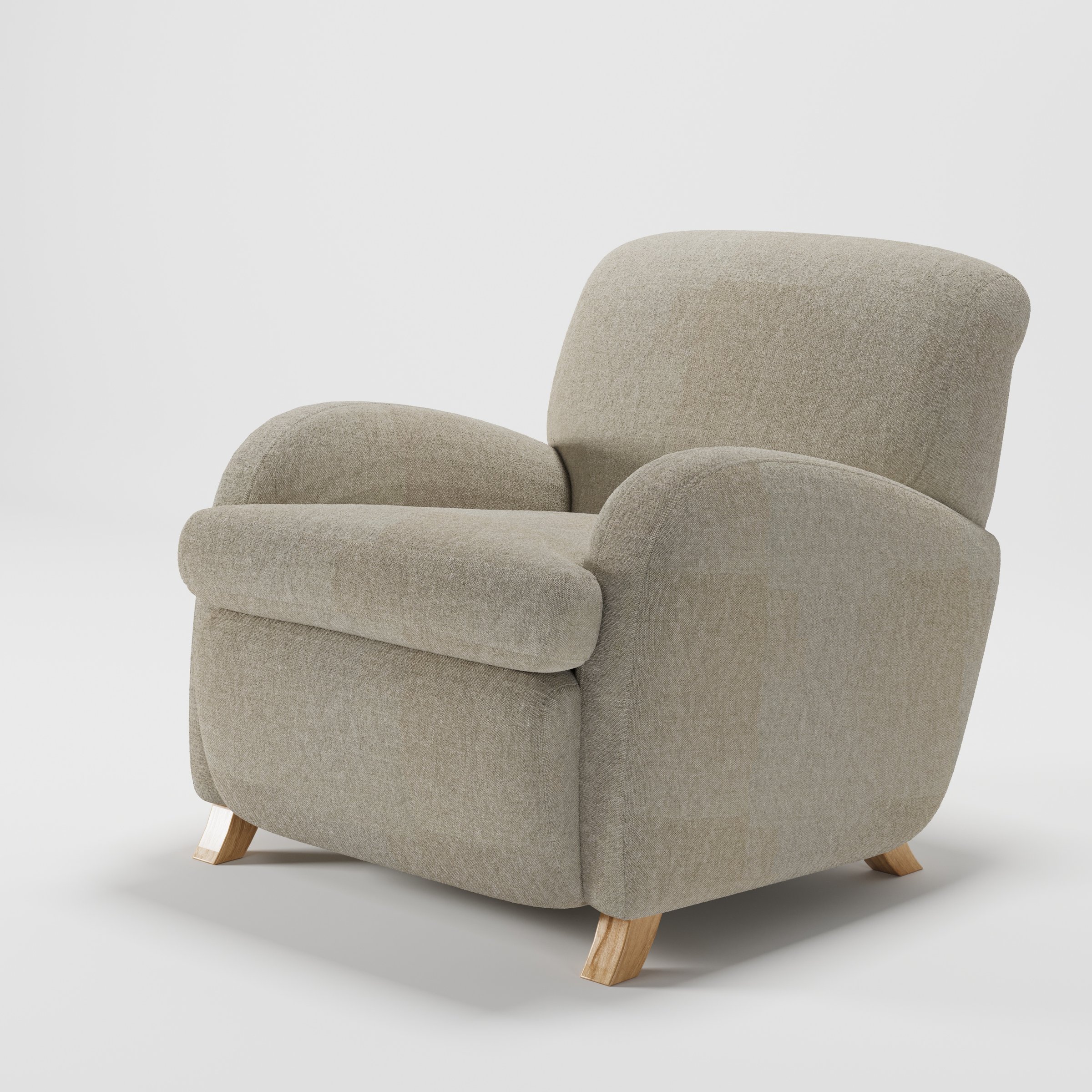 Rye armchair in Alderney Linen Oatmeal shown at a diagonal angle highlighting arms and seat depth.