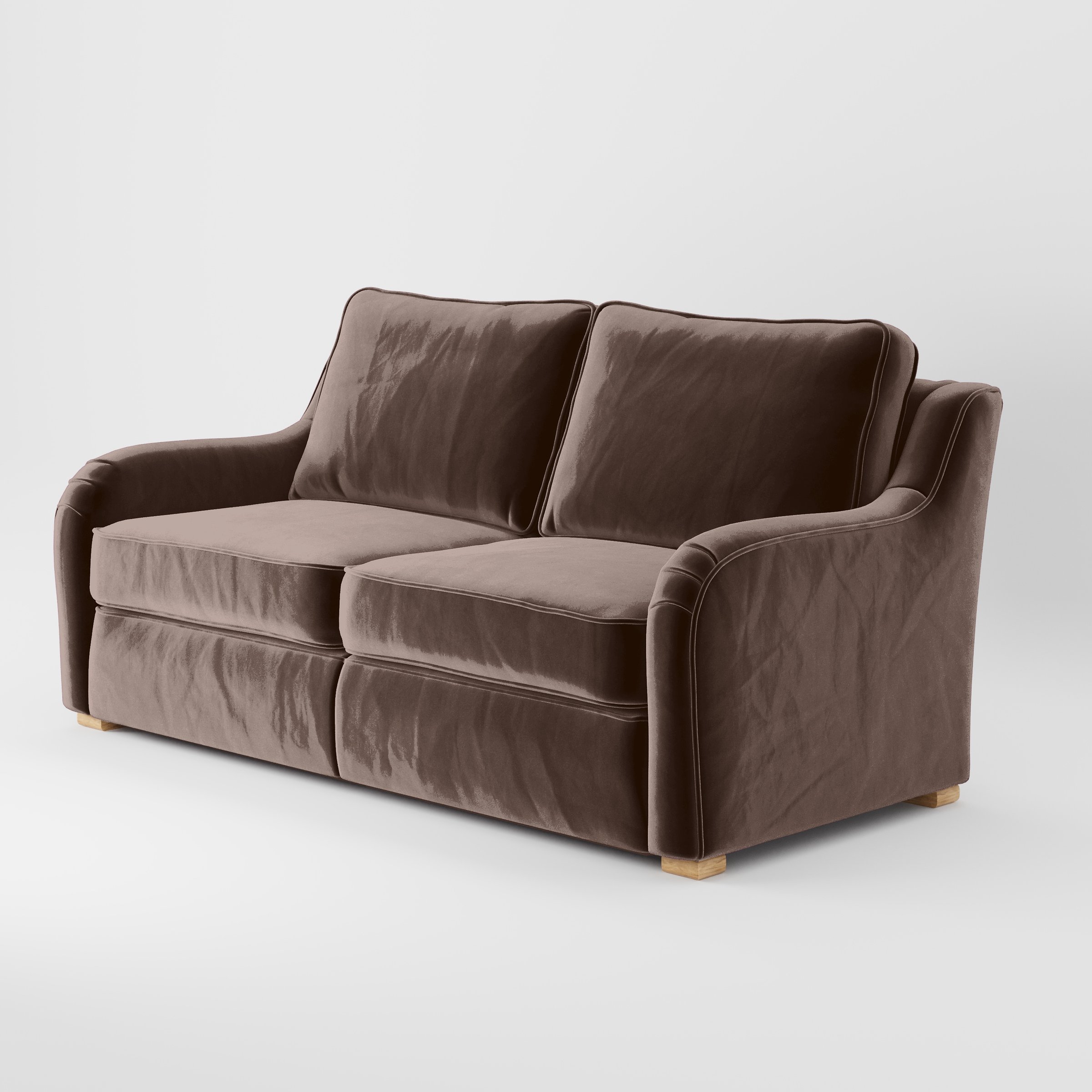 Diagonal view of the Cashel sofa upholstered in Plush EasyClean Velvet in Mole.