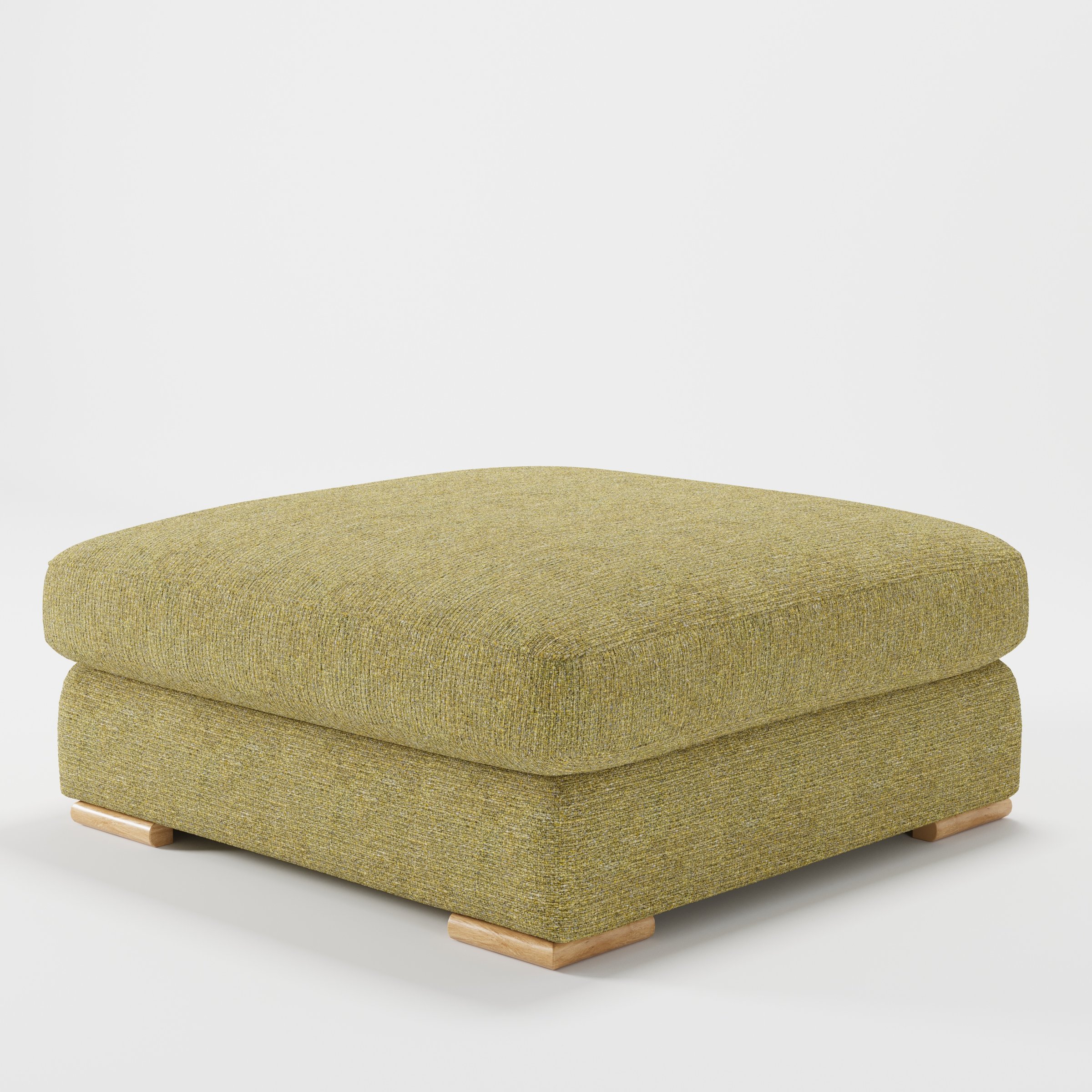 Olton footstool in Heyling Tweed Sencha shown at a diagonal angle highlighting low profile and inset wooden base.