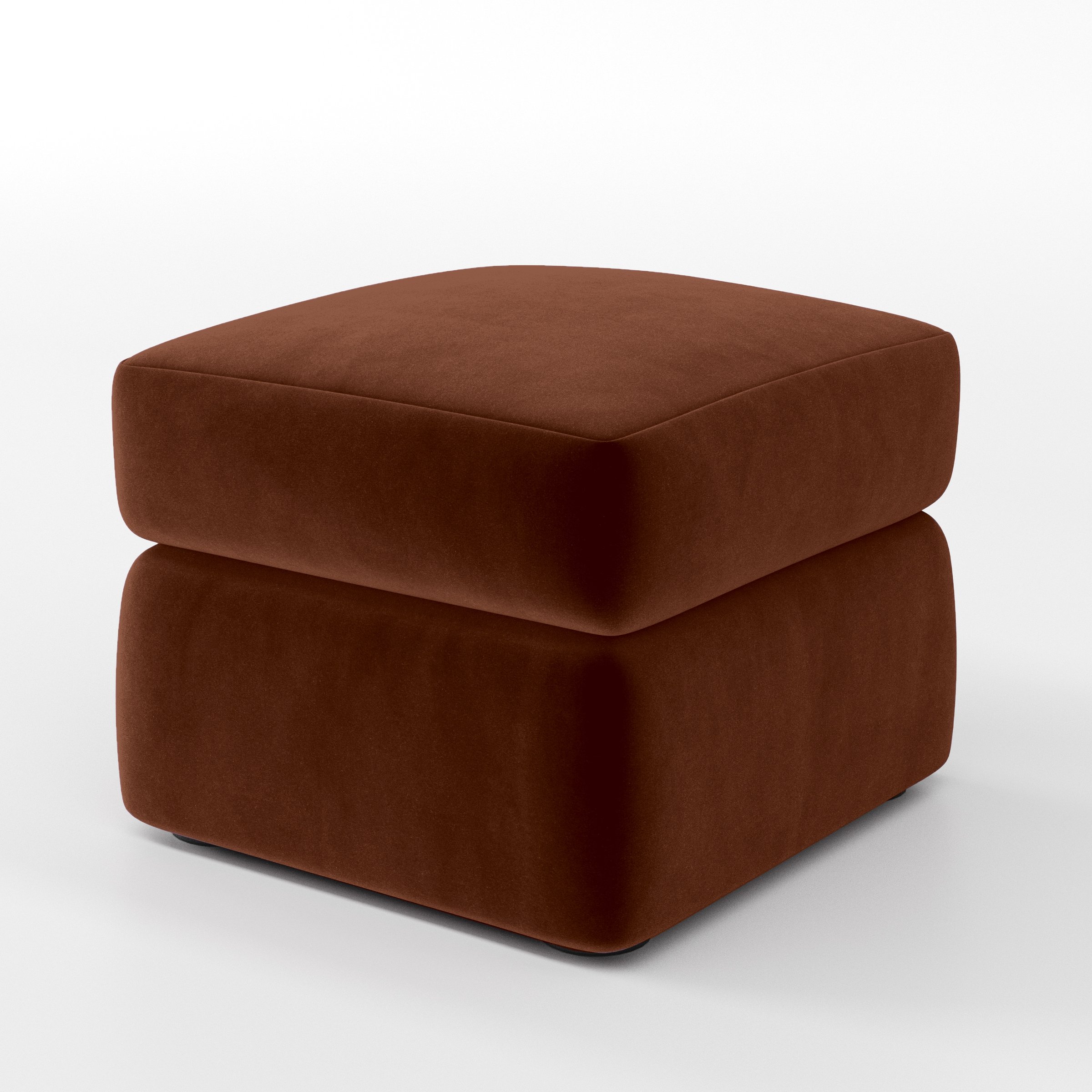 Diagonal view of the Coniston footstool upholstered in Plush EasyClean Velvet in Maple.