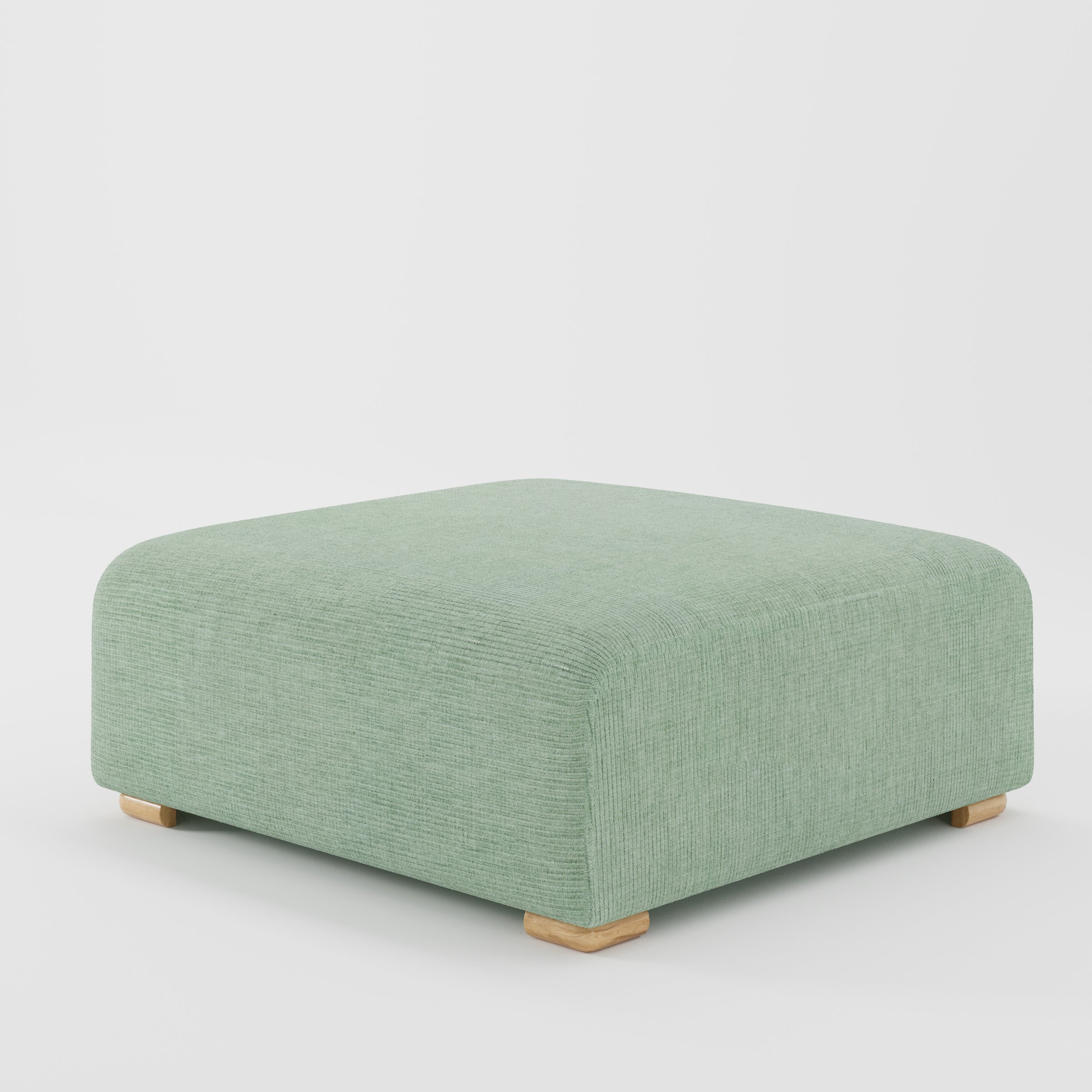Tay footstool in Caldey Velvet Corduroy Eucalyptus shown at a diagonal angle highlighting clean edges and compact form.