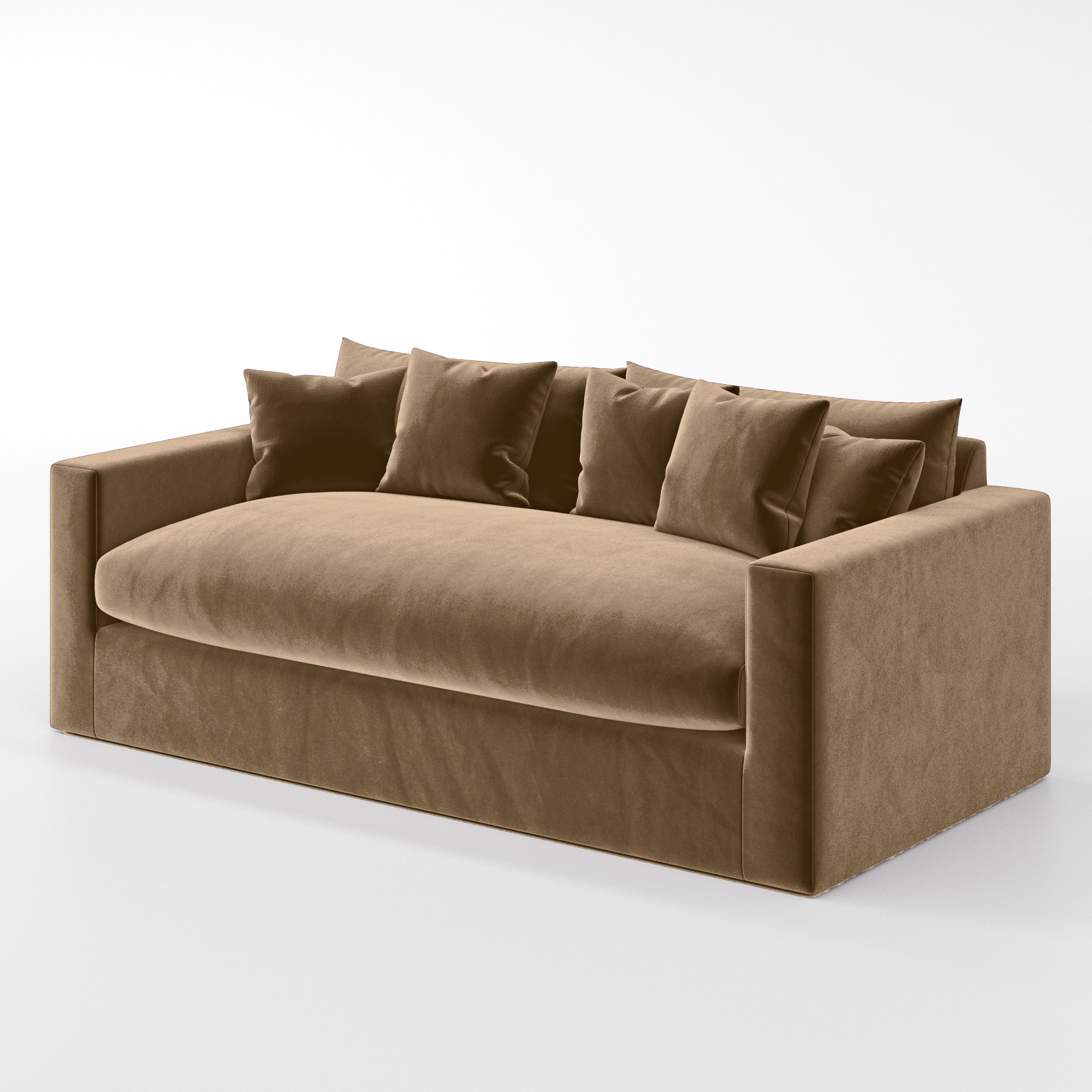 Diagonal view of the Coniston sofa upholstered in Plush EasyClean Velvet in Caribou.