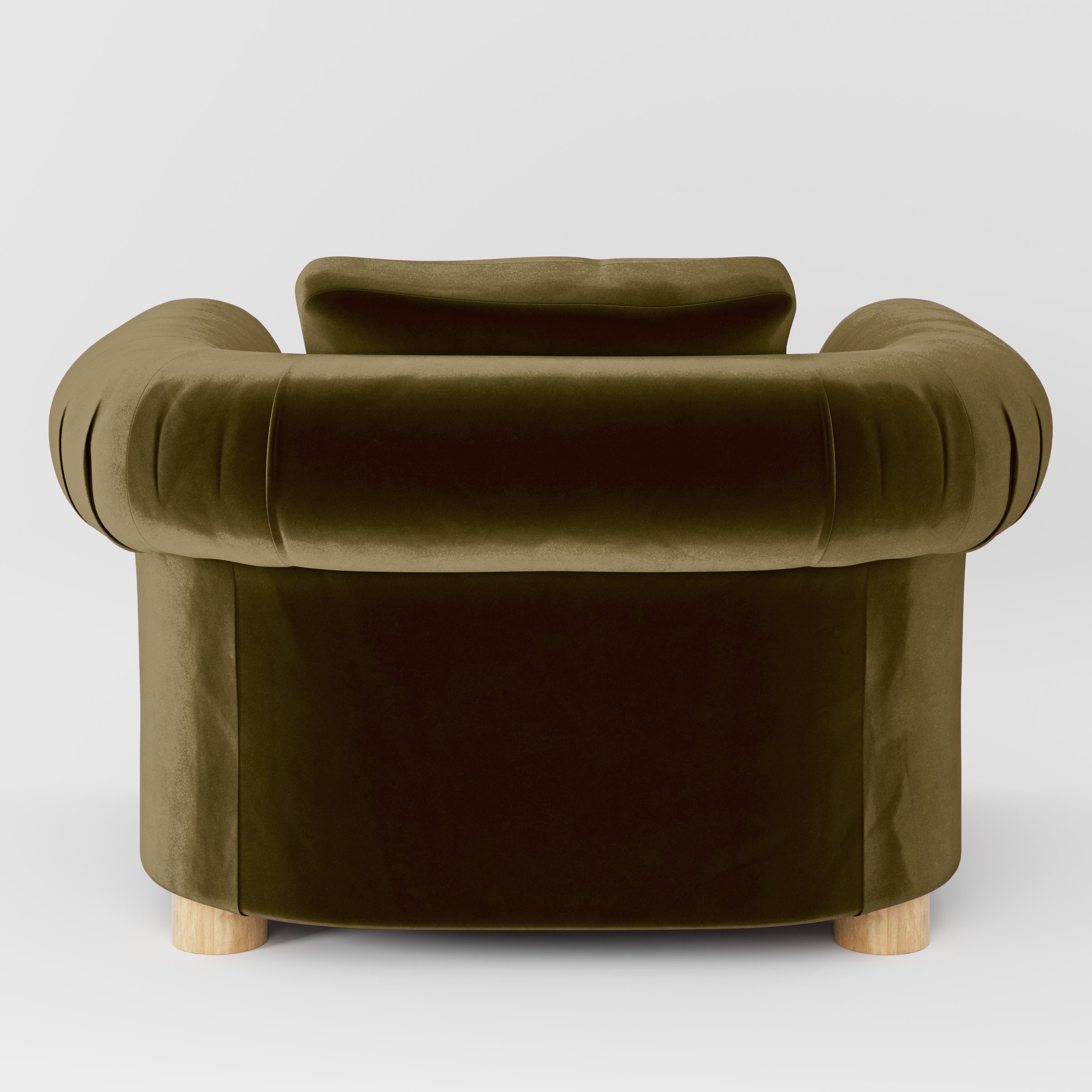 Rear view of the Windermere armchair upholstered in Plush EasyClean Velvet in Cedar.