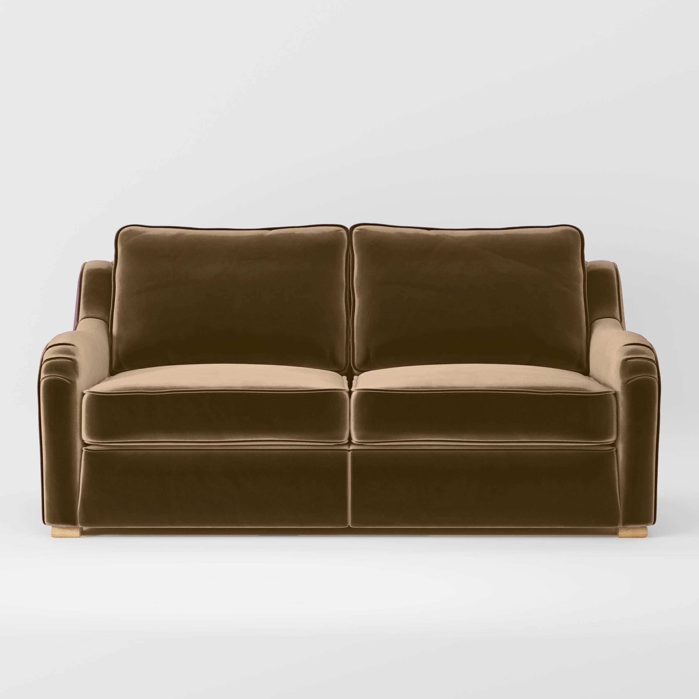 Front view of the Cashel sofa upholstered in Plush EasyClean Velvet in Caribou.