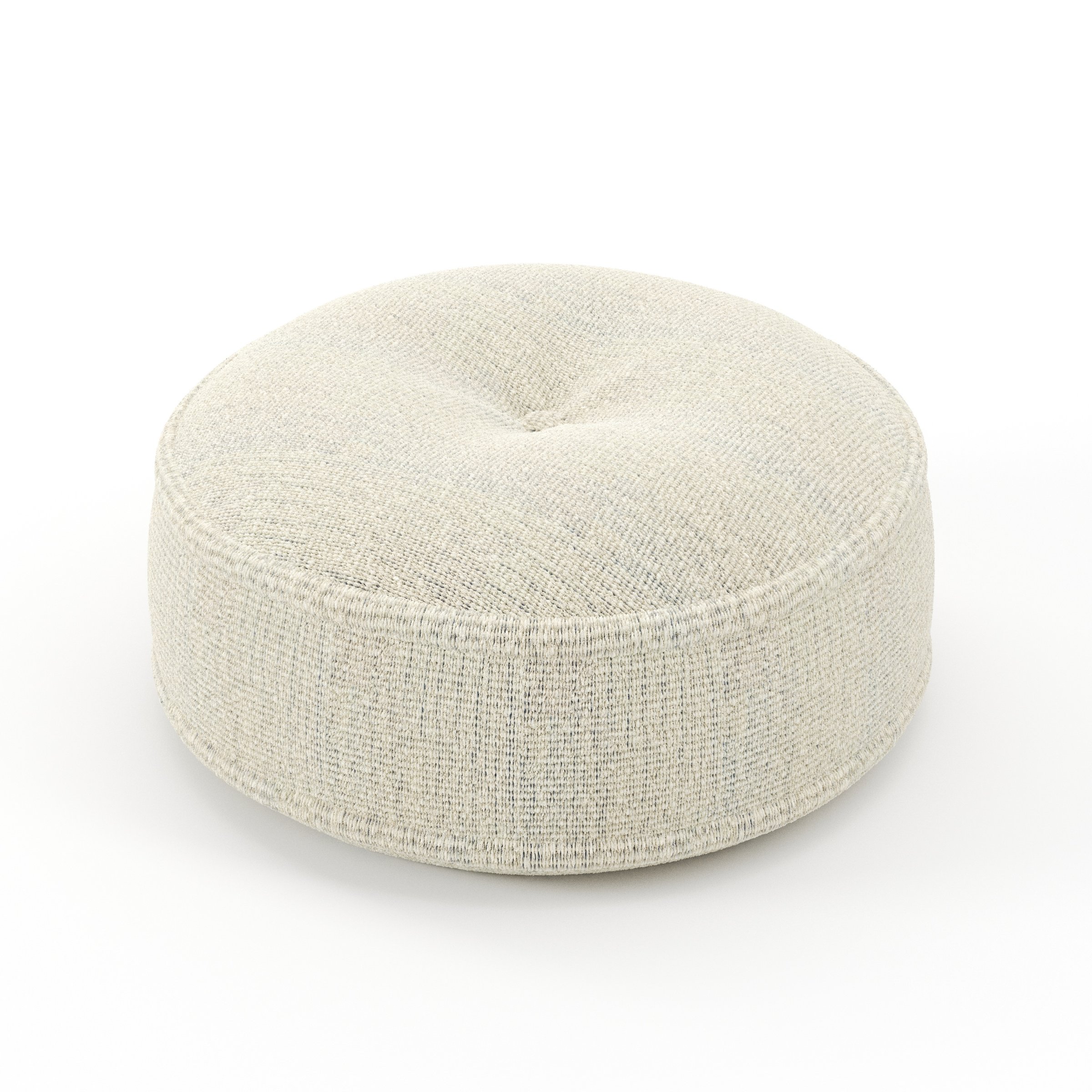 Cove cushion in Orsay Boucle Cream and Marine, round tufted cushion with border and piping in textured boucle with cream and deep blue tones and central tuft, size 40cm x 8.75cm
