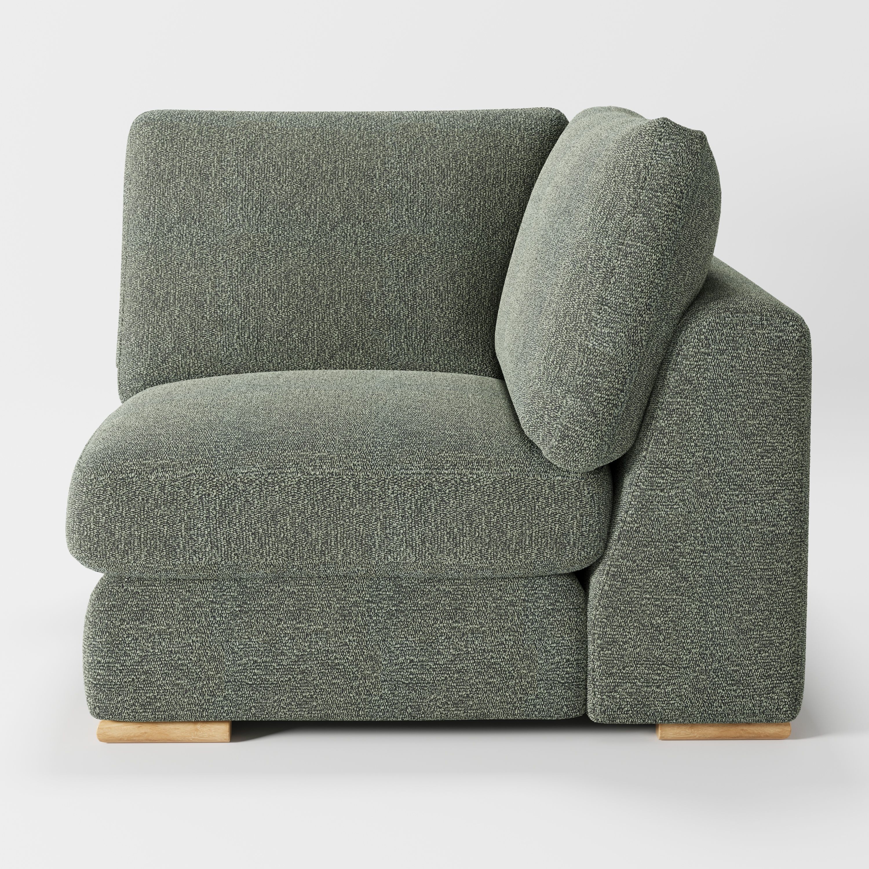 Olton corner unit in Kilda bouclé moss fabric, right side view emphasising cushion depth and tactile finish