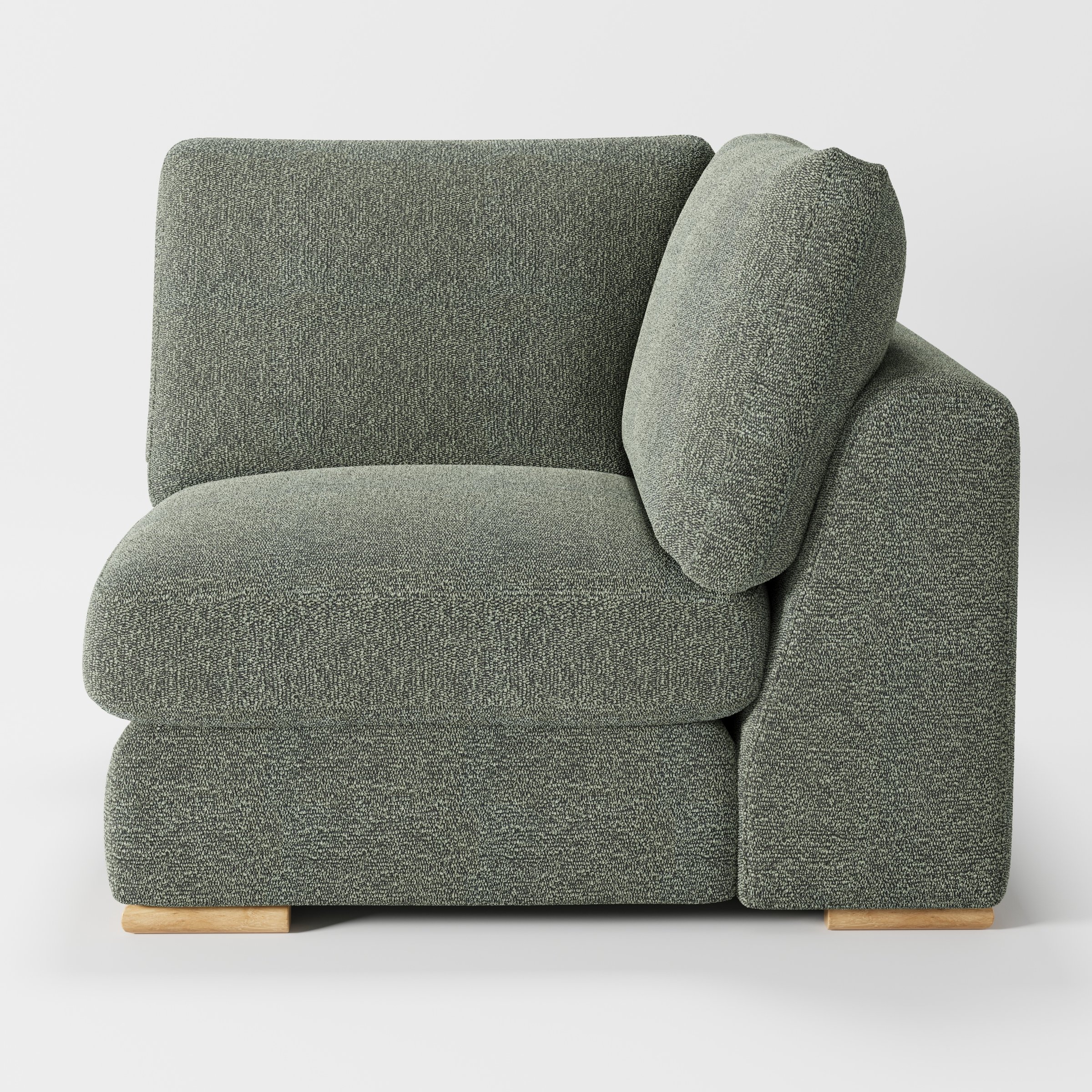 Olton corner unit in Kilda bouclé moss fabric, right side view emphasising cushion depth and tactile finish