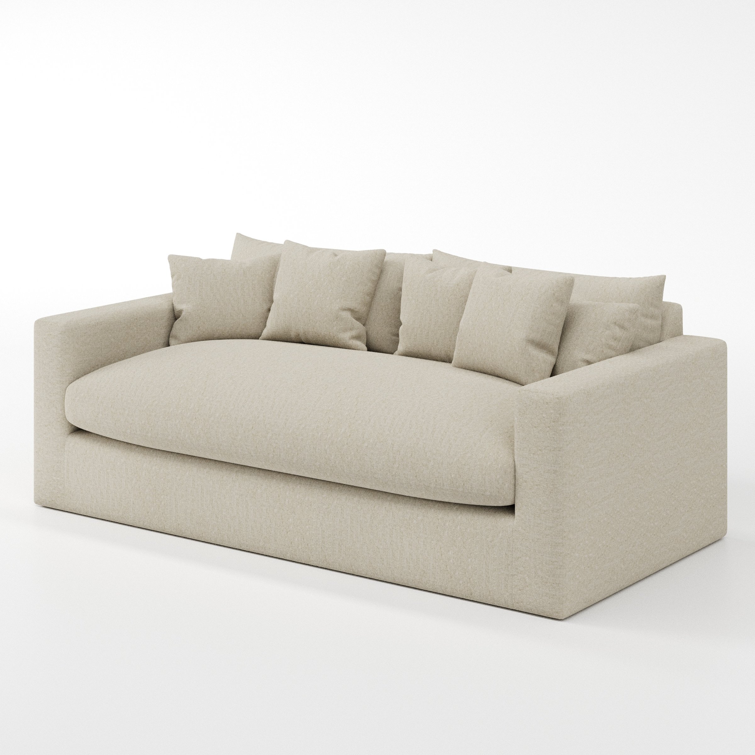 Coniston sofa in Alderney Linen Oatmeal shown at a diagonal angle highlighting arm profile and seat depth.