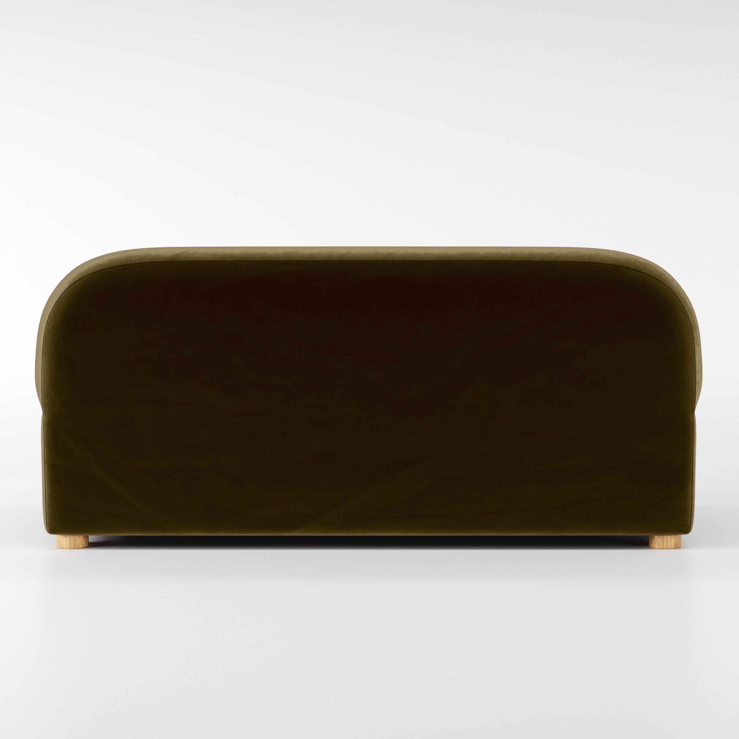 Rear view of the Awe sofa upholstered in Plush EasyClean Velvet in Cedar.