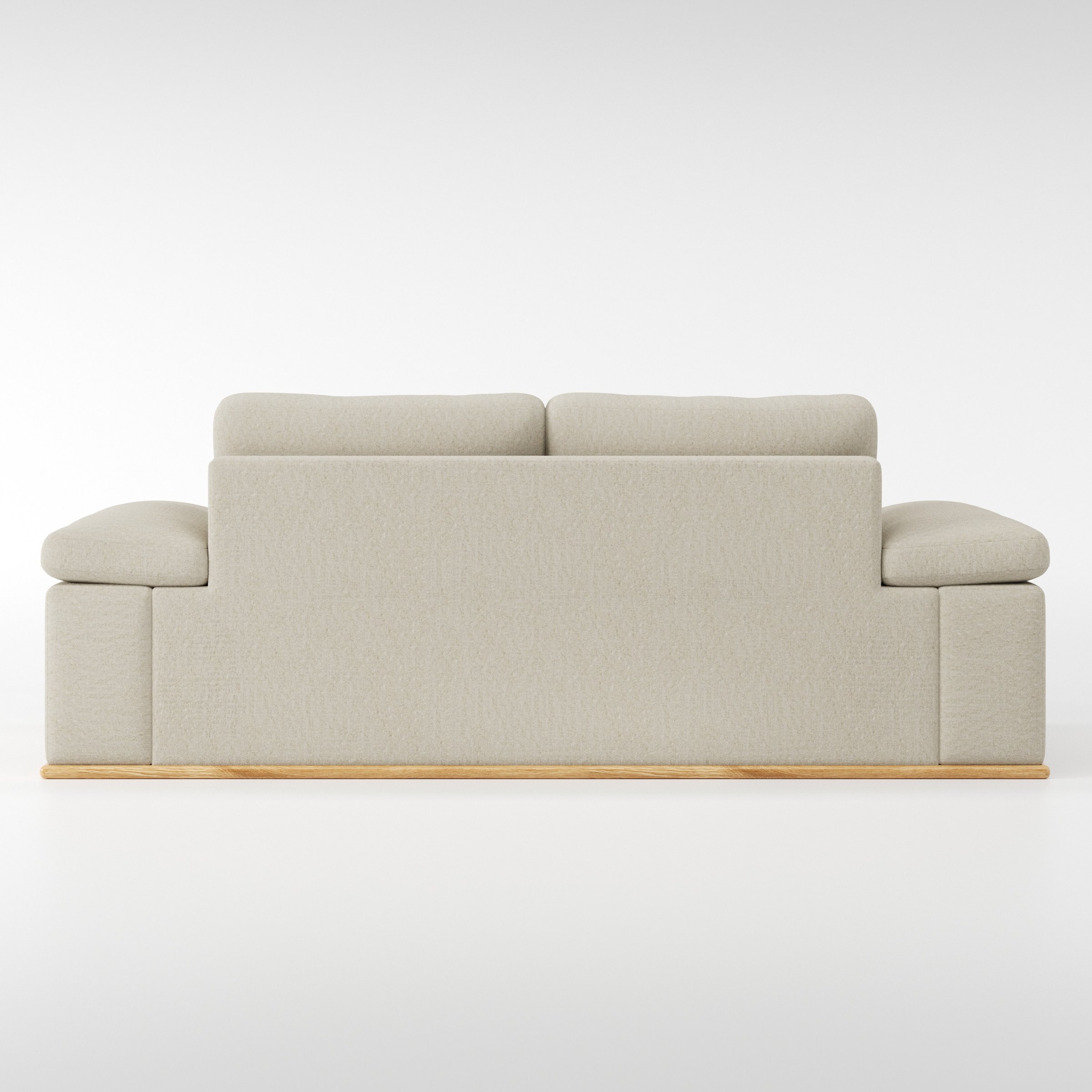 Cusher sofa in Alderney Linen Oatmeal shown from the rear highlighting back cushions and upholstery finish.