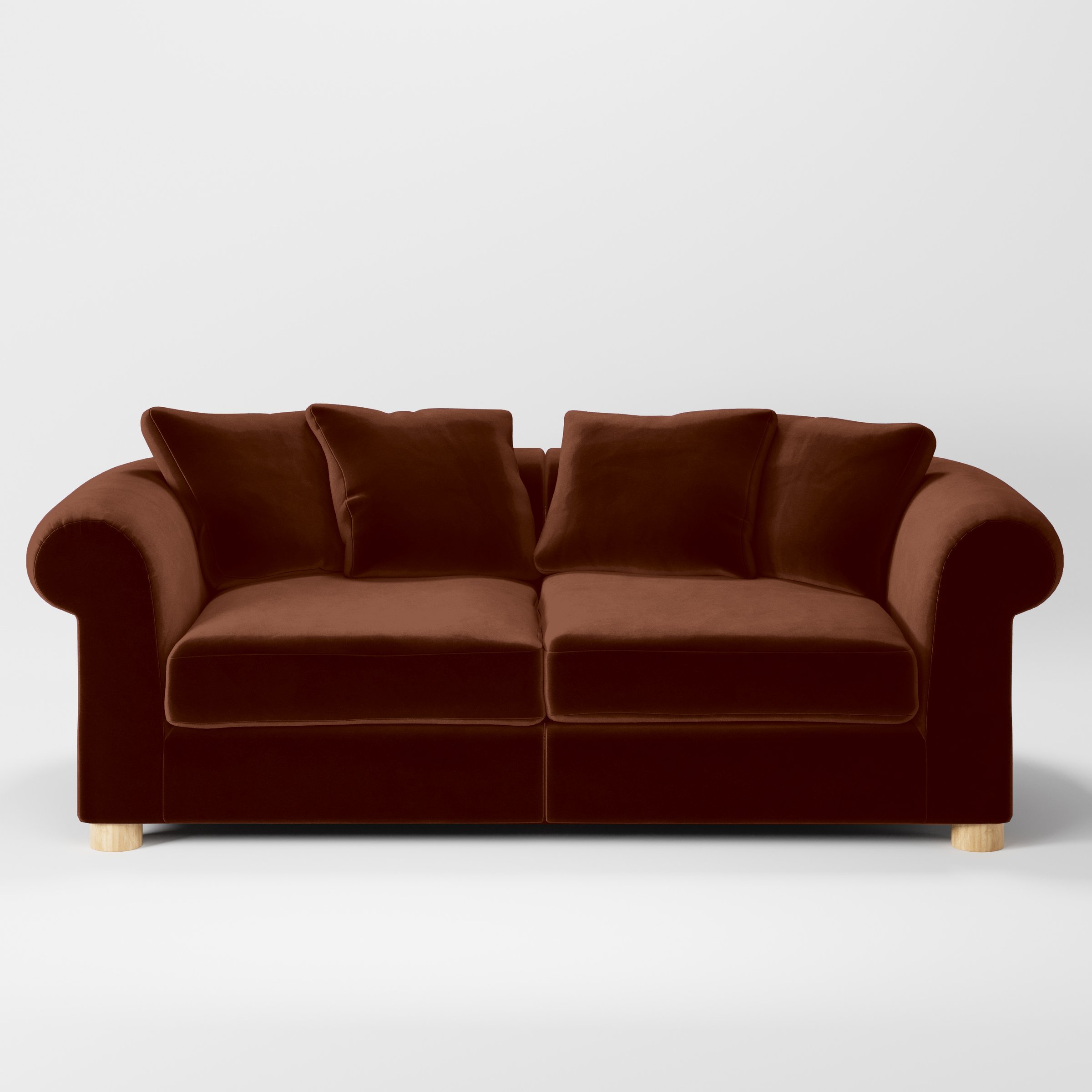 Front view of the Windermere sofa upholstered in Plush EasyClean Velvet in Maple.