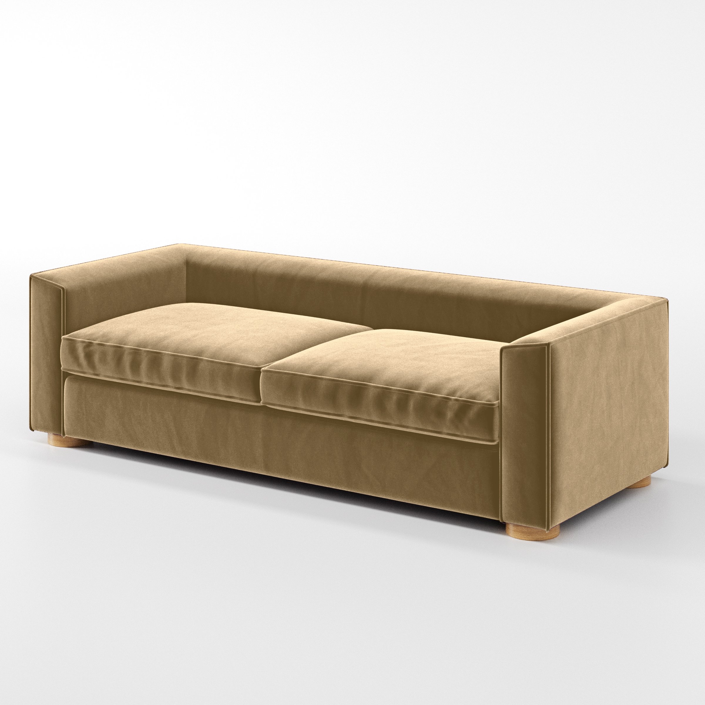 Diagonal view of the Feale sofa upholstered in Plush EasyClean Velvet in Cafe.