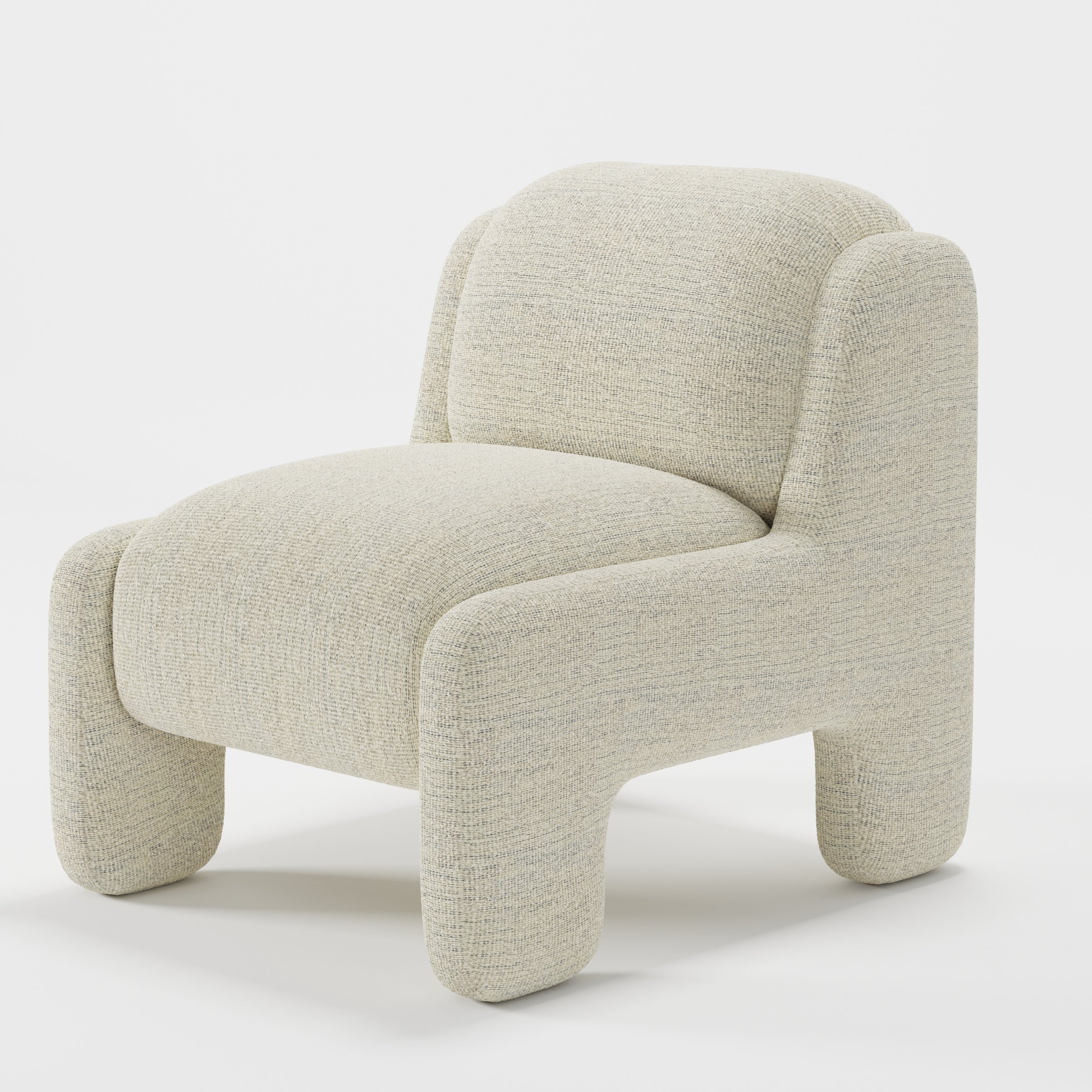 Inny armchair in Orsay Boucle Cream and Marine shown at a diagonal angle highlighting sculpted form and low seat.