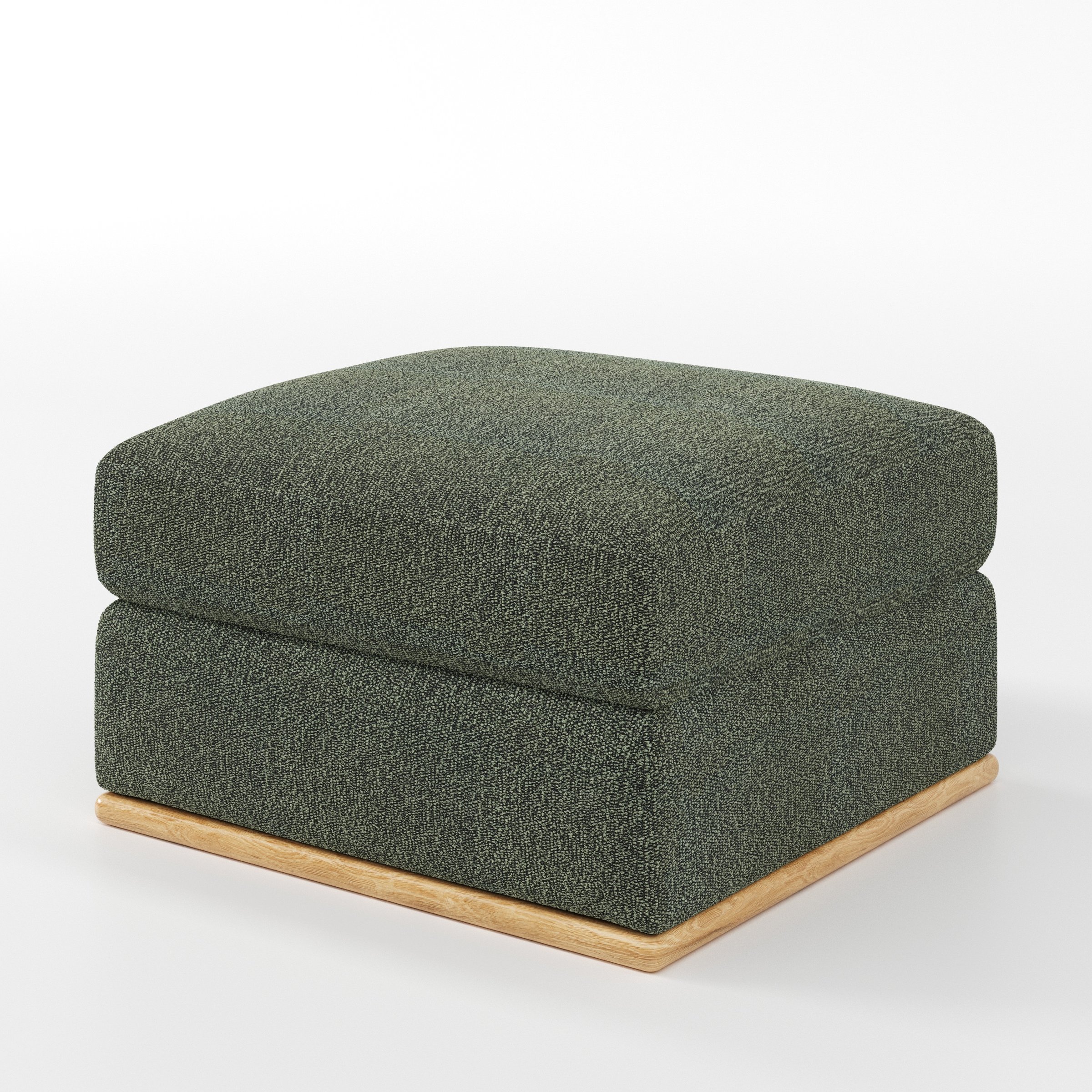 Cusher footstool in Kilda Boucle Moss shown at a diagonal angle highlighting structured form and wooden plinth base.