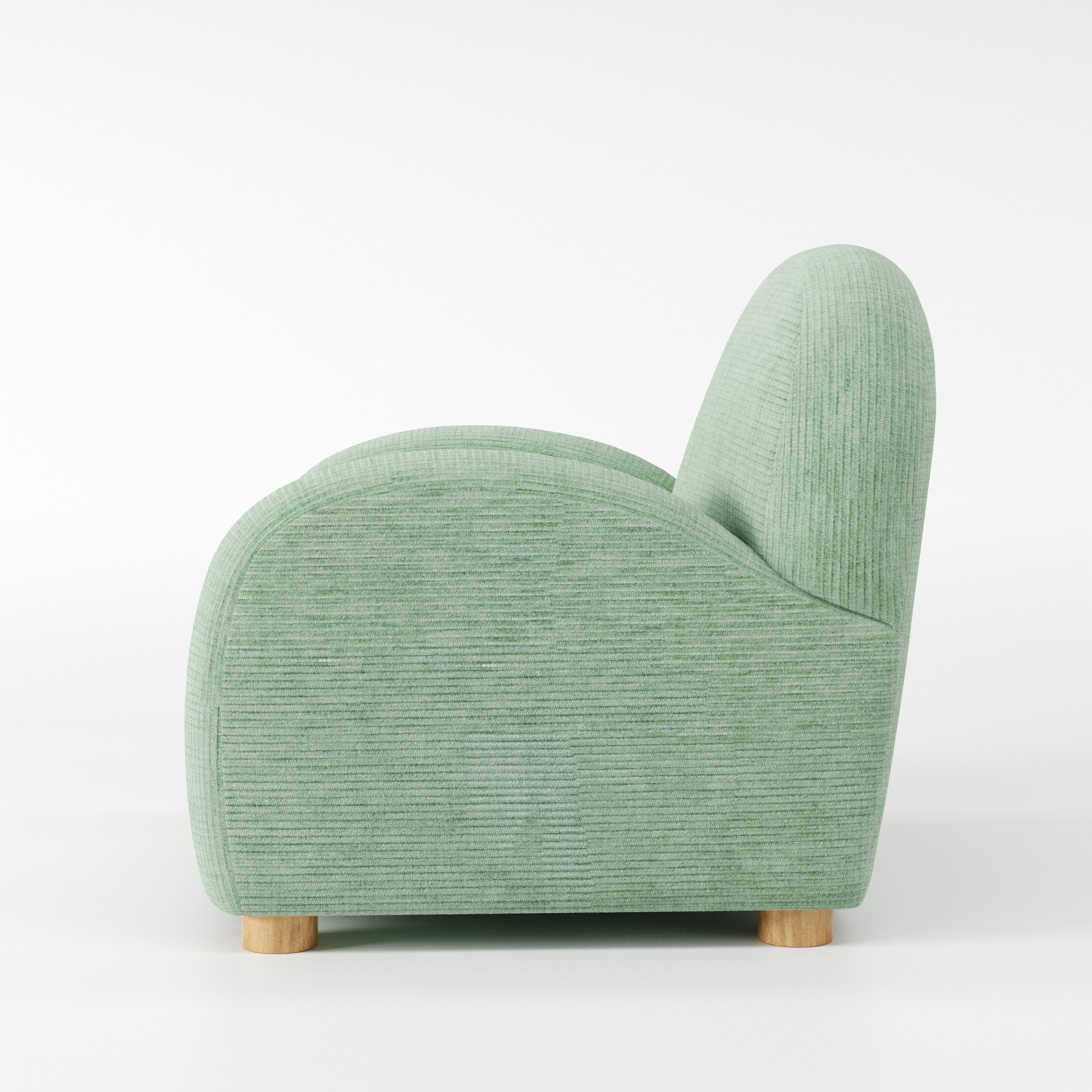 Awe armchair in Caldey Velvet Corduroy Eucalyptus shown in side profile displaying proportions and overall silhouette.