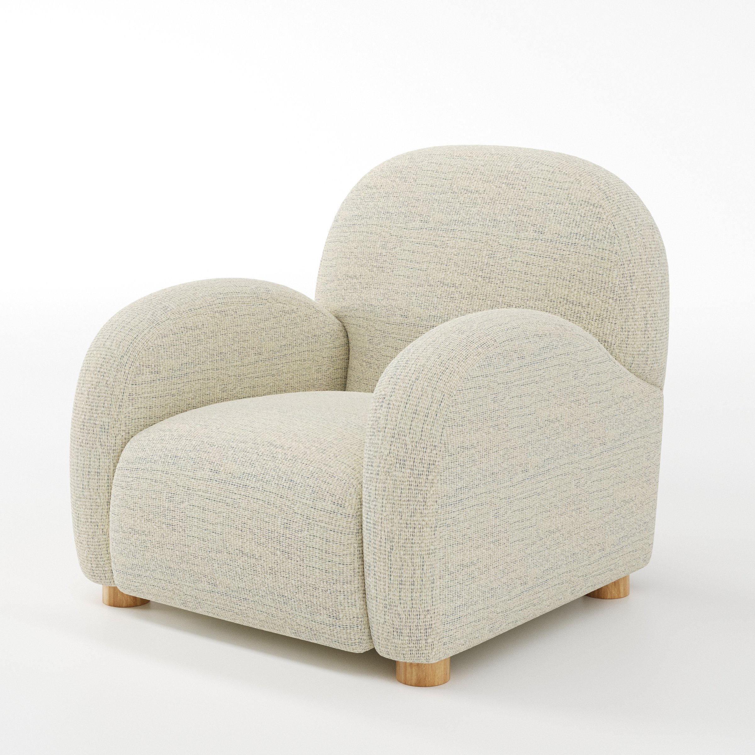 Awe armchair in Orsay Boucle Cream and Marine shown at a diagonal angle highlighting arms and seat depth.