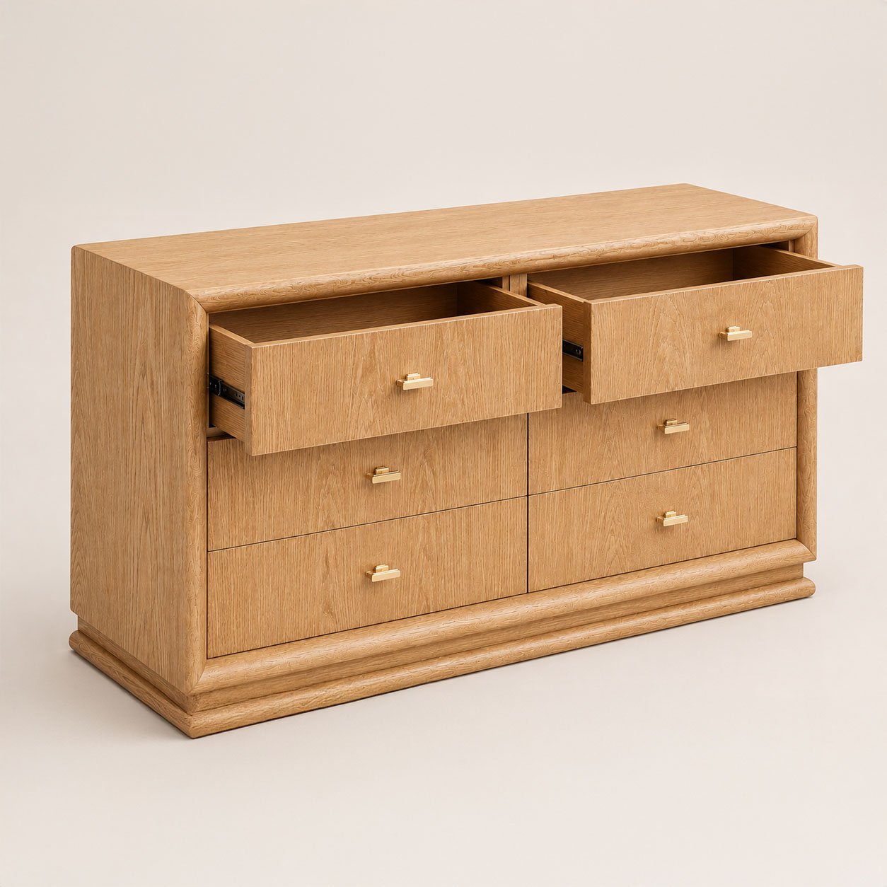 Chest of Drawers 02 in natural oak with the two top drawers open, showing the timber drawer interiors