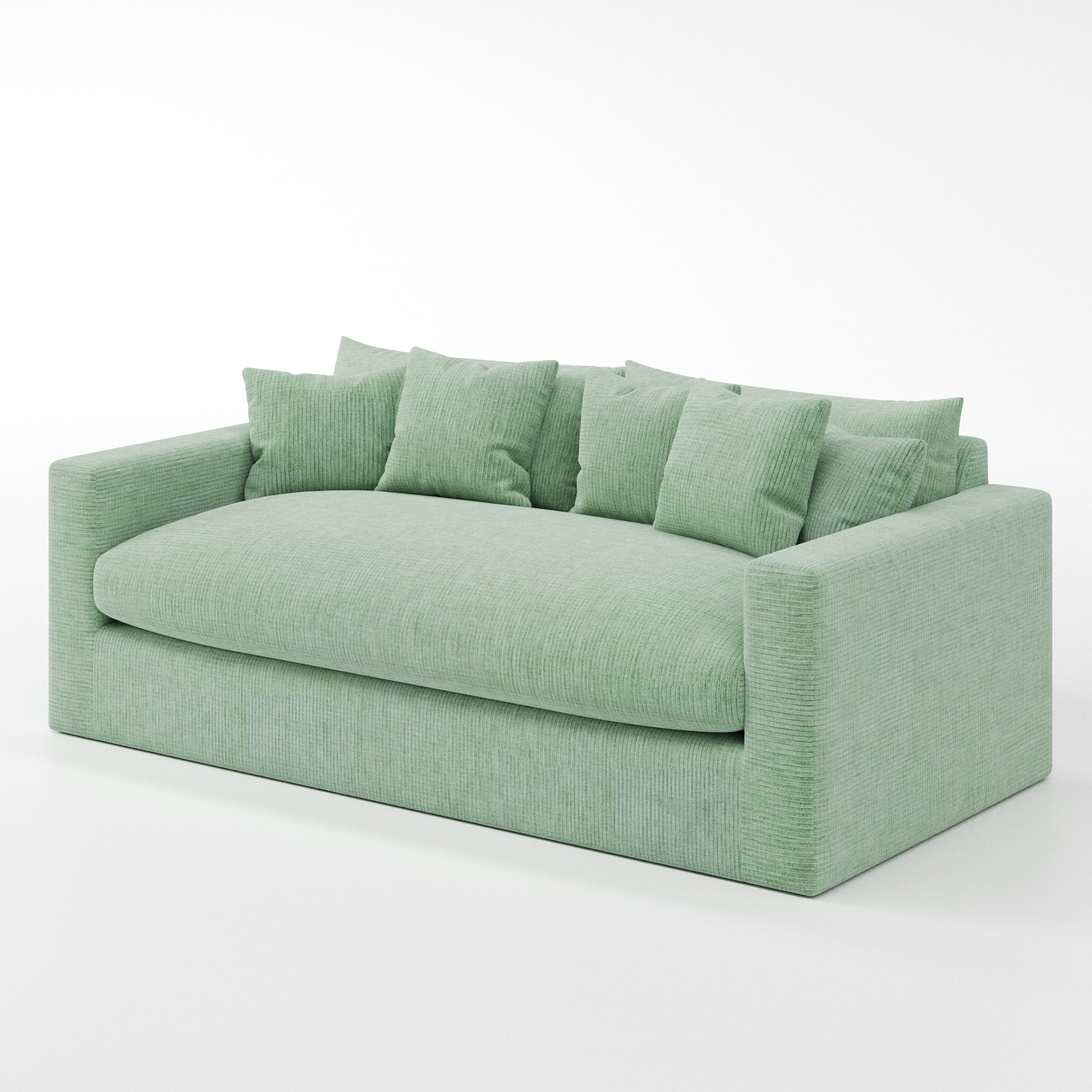 Coniston sofa in Caldey Velvet Corduroy Eucalyptus shown at a diagonal angle highlighting arm profile and seat depth.