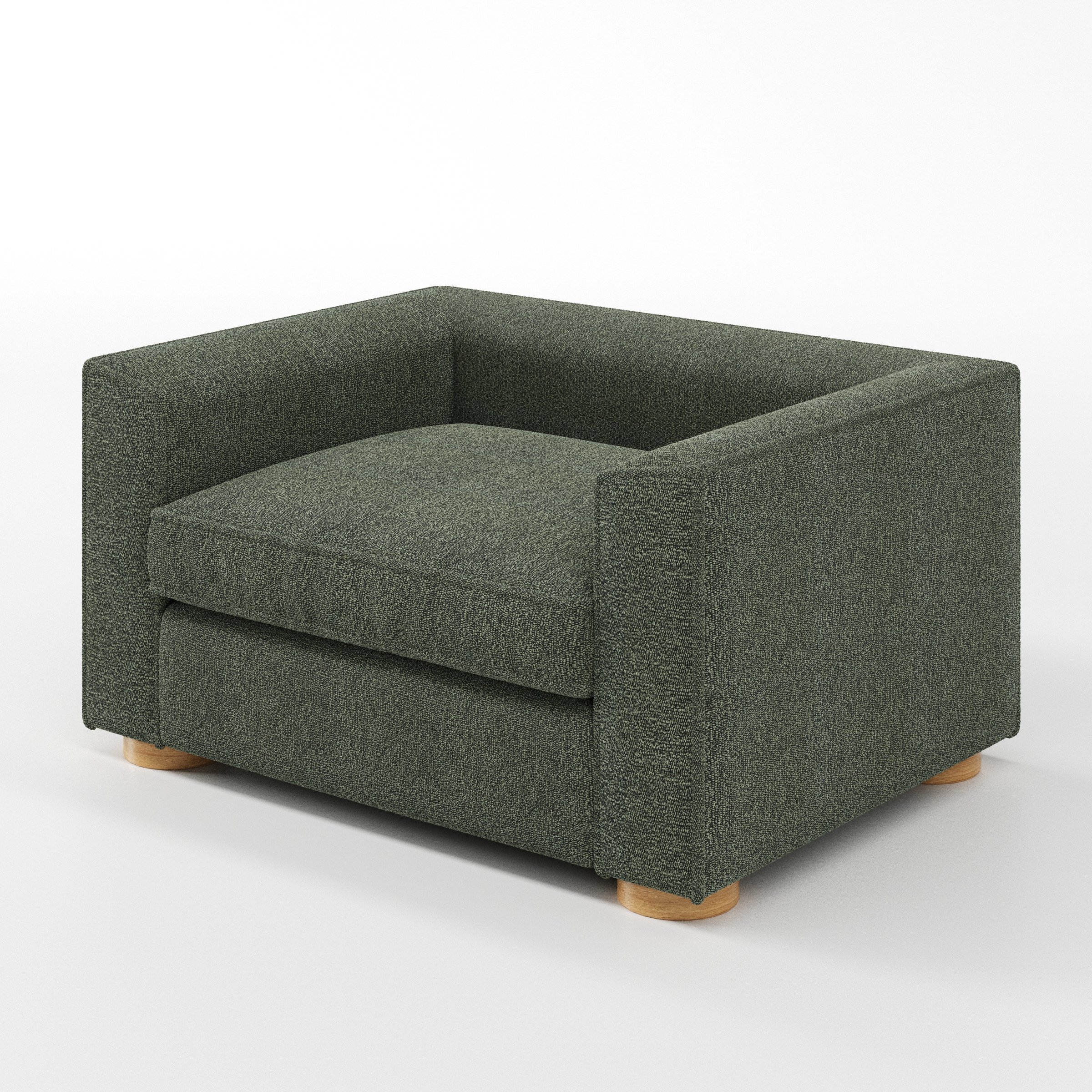 Feale armchair in Kilda Boucle Moss shown at a diagonal angle highlighting arms and seat depth.