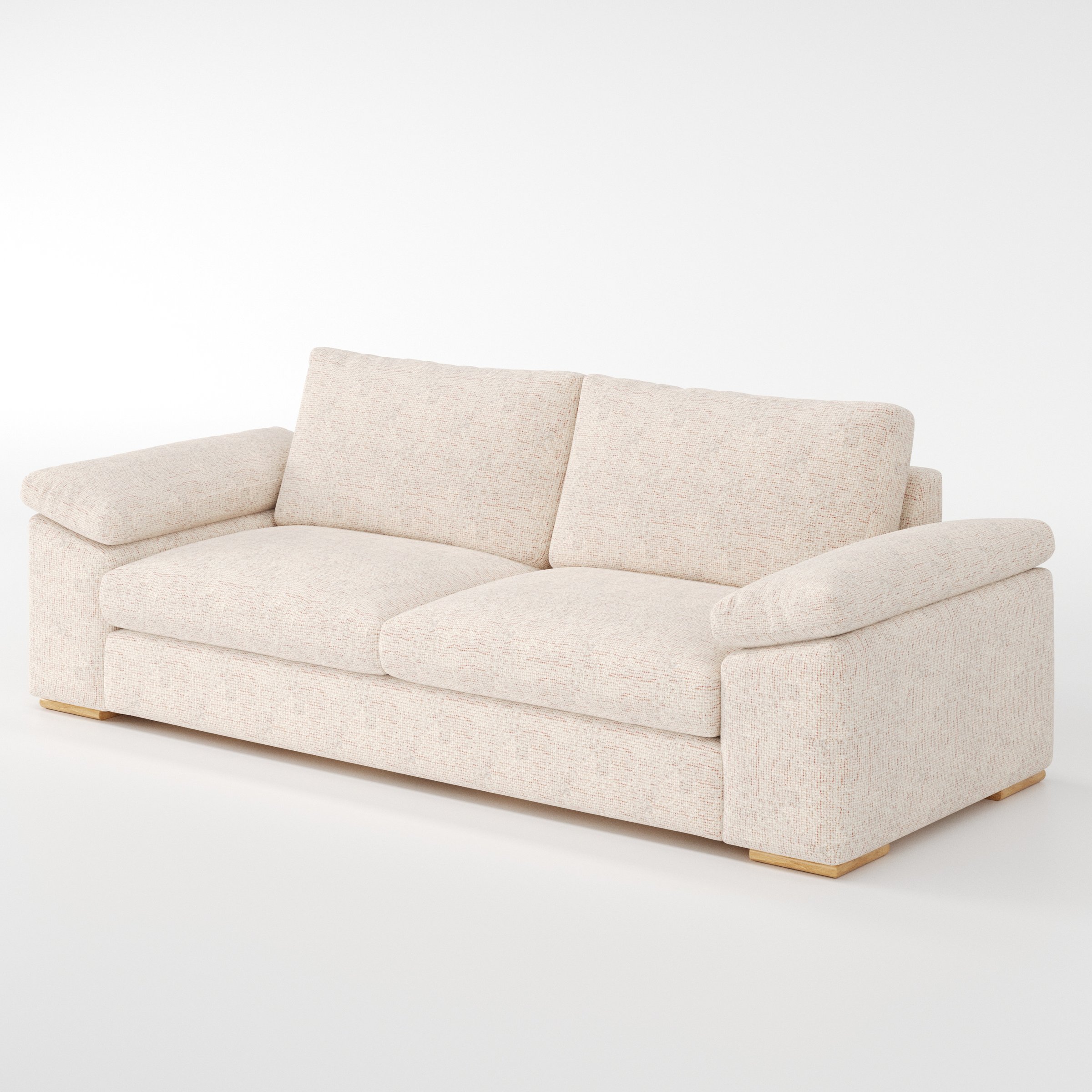 Moy sofa in Orsay Boucle Cream and Copper shown at a diagonal angle highlighting arm profile and seat depth.