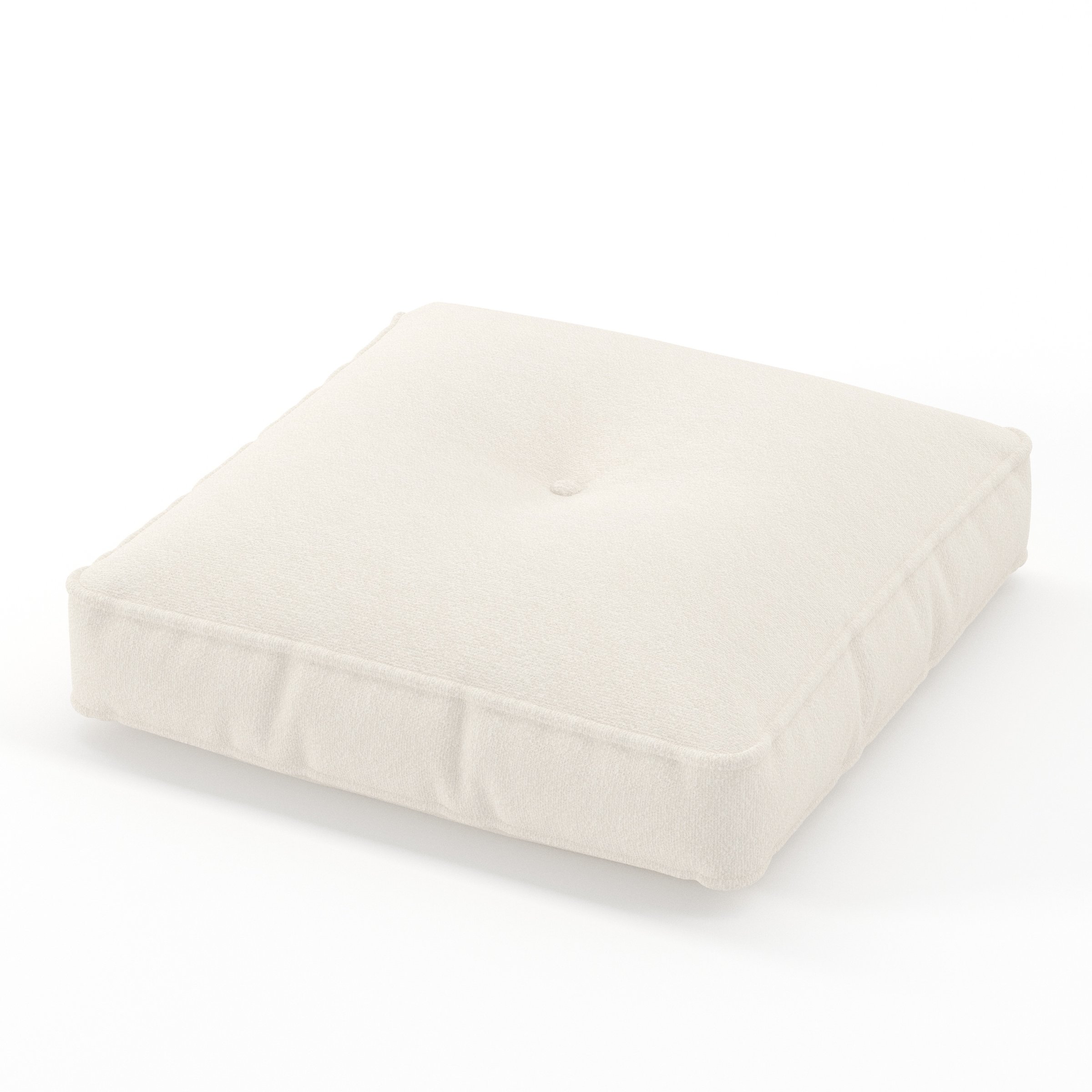 Base cushion in Kilda Boucle Cream, square tufted cushion with border and piping in soft cream boucle with central tuft, size 50cm x 50cm x 8.75cm