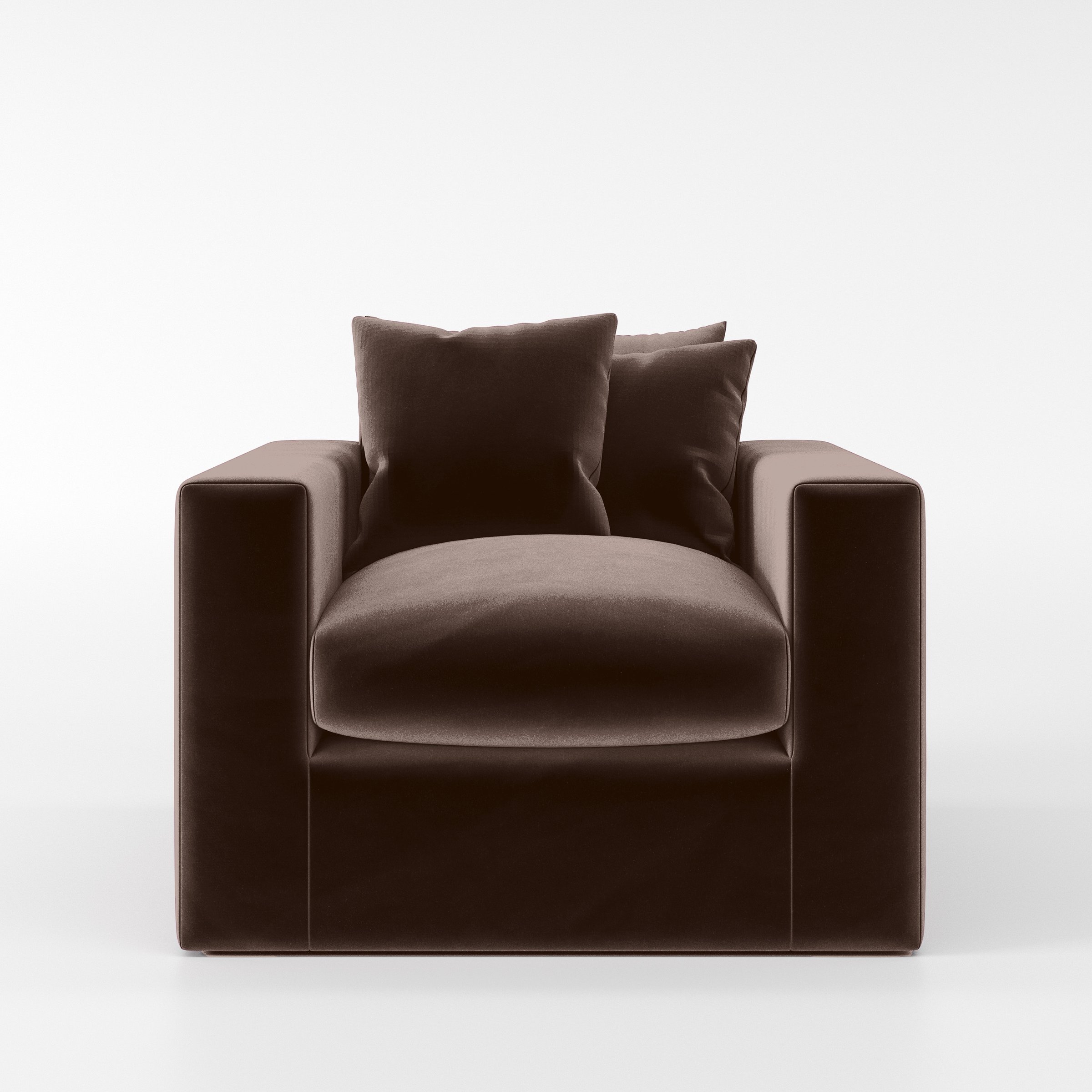 Front view of the Coniston armchair upholstered in Plush EasyClean Velvet in Mole.