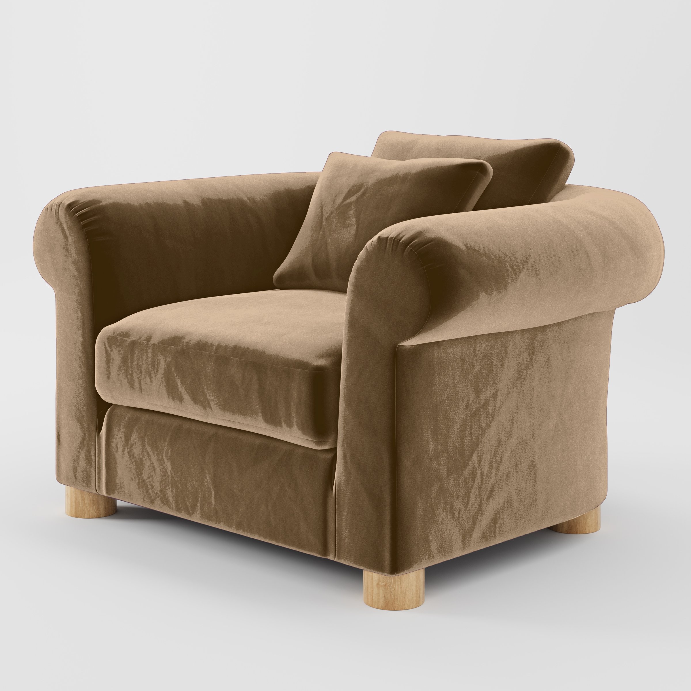 Diagonal view of the Windermere armchair upholstered in Plush EasyClean Velvet in Caribou.