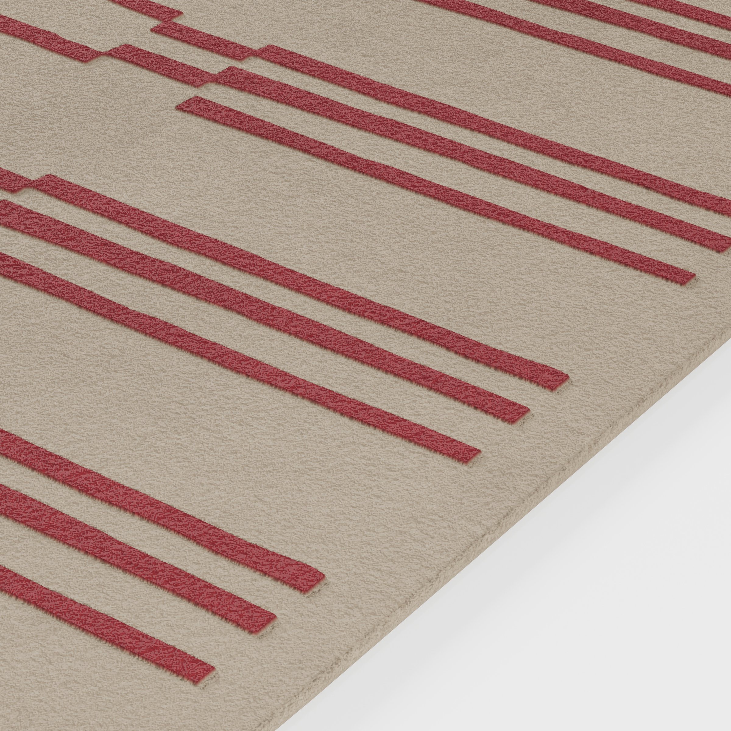 Avon rug in neutral beige tone with repeating linear pattern in muted red, close-up detail showing raised linear texture and soft pile surface, hand tufted wool and viscose blend