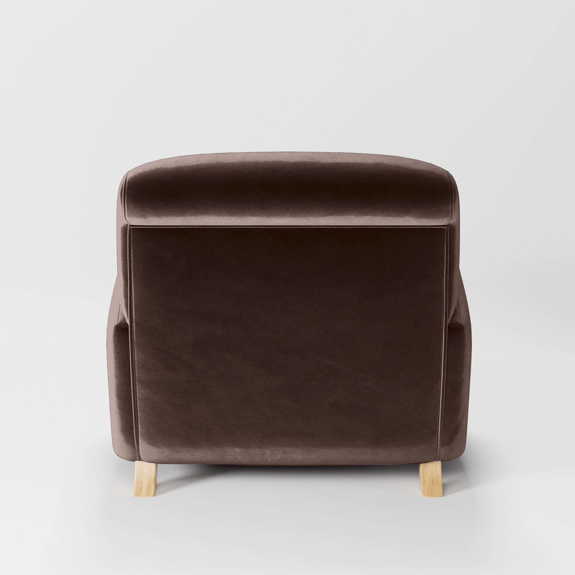 Rear view of the Rye armchair upholstered in Plush EasyClean Velvet in Mole.