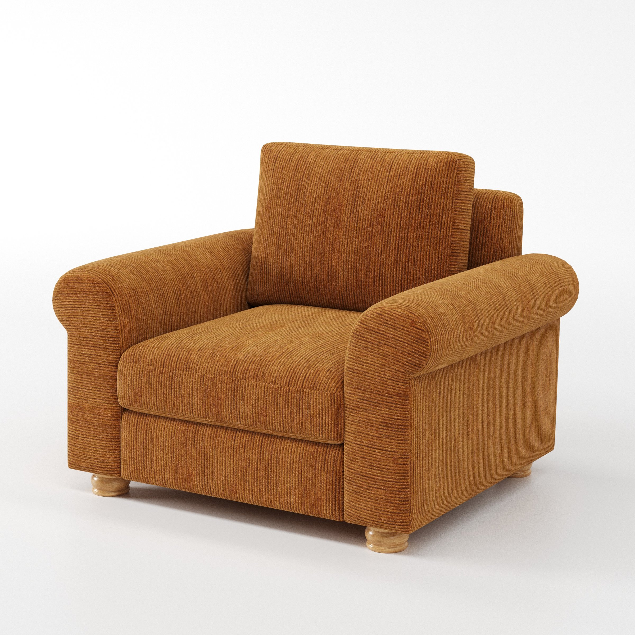 Anna Lee armchair in Caldey Velvet Corduroy Tobacco shown at a diagonal angle highlighting arms and seat depth.