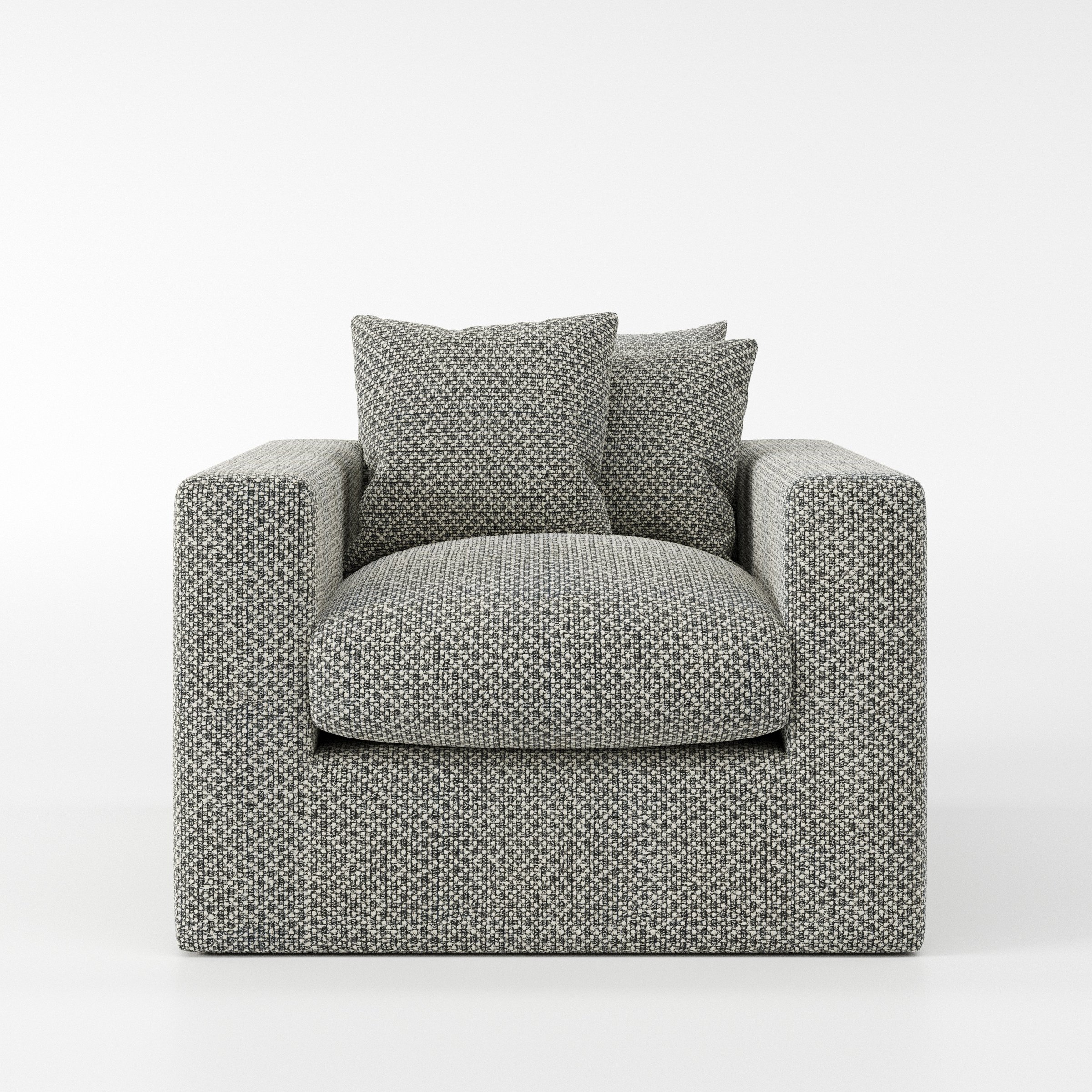 Coniston armchair in Rousay Wool Blend Tar and Chalk shown front-on against a neutral studio backdrop.