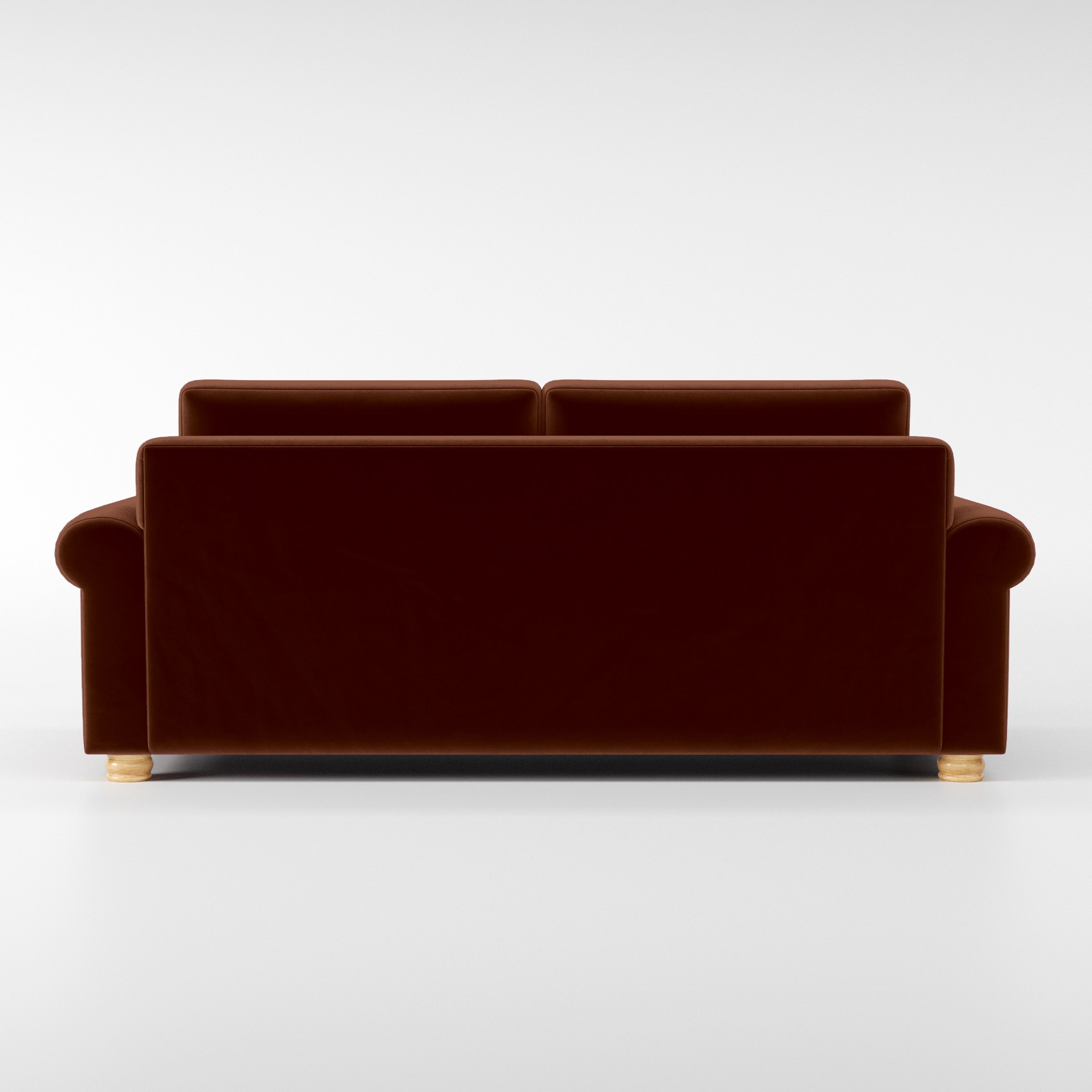 Rear view of the Anna Lee sofa upholstered in Plush EasyClean Velvet in Maple.