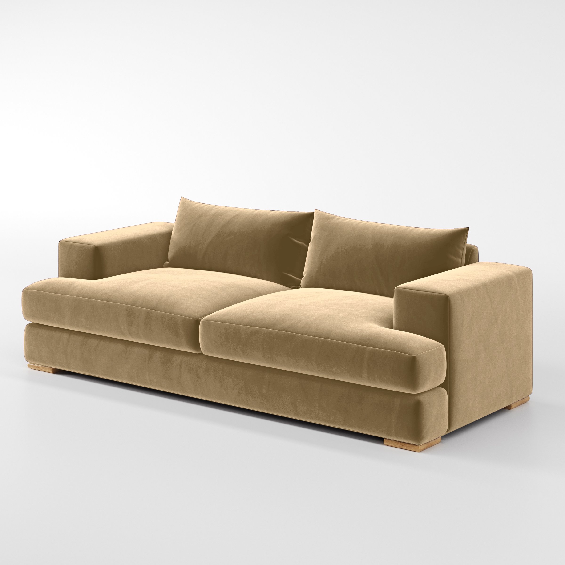 Diagonal view of the Fane sofa upholstered in Plush EasyClean Velvet in Cafe.