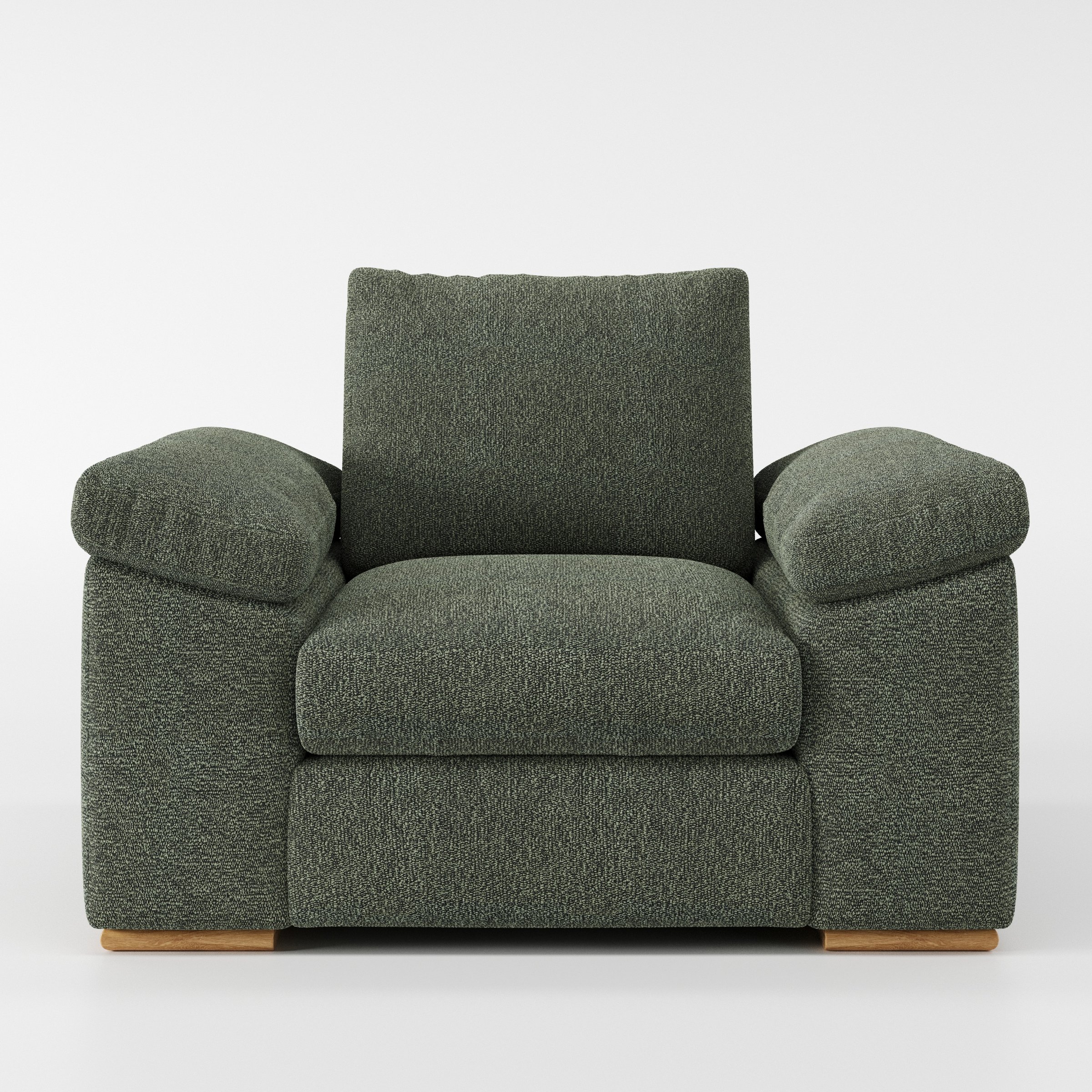 Moy armchair in Kilda Boucle Moss shown front-on against a neutral studio backdrop.