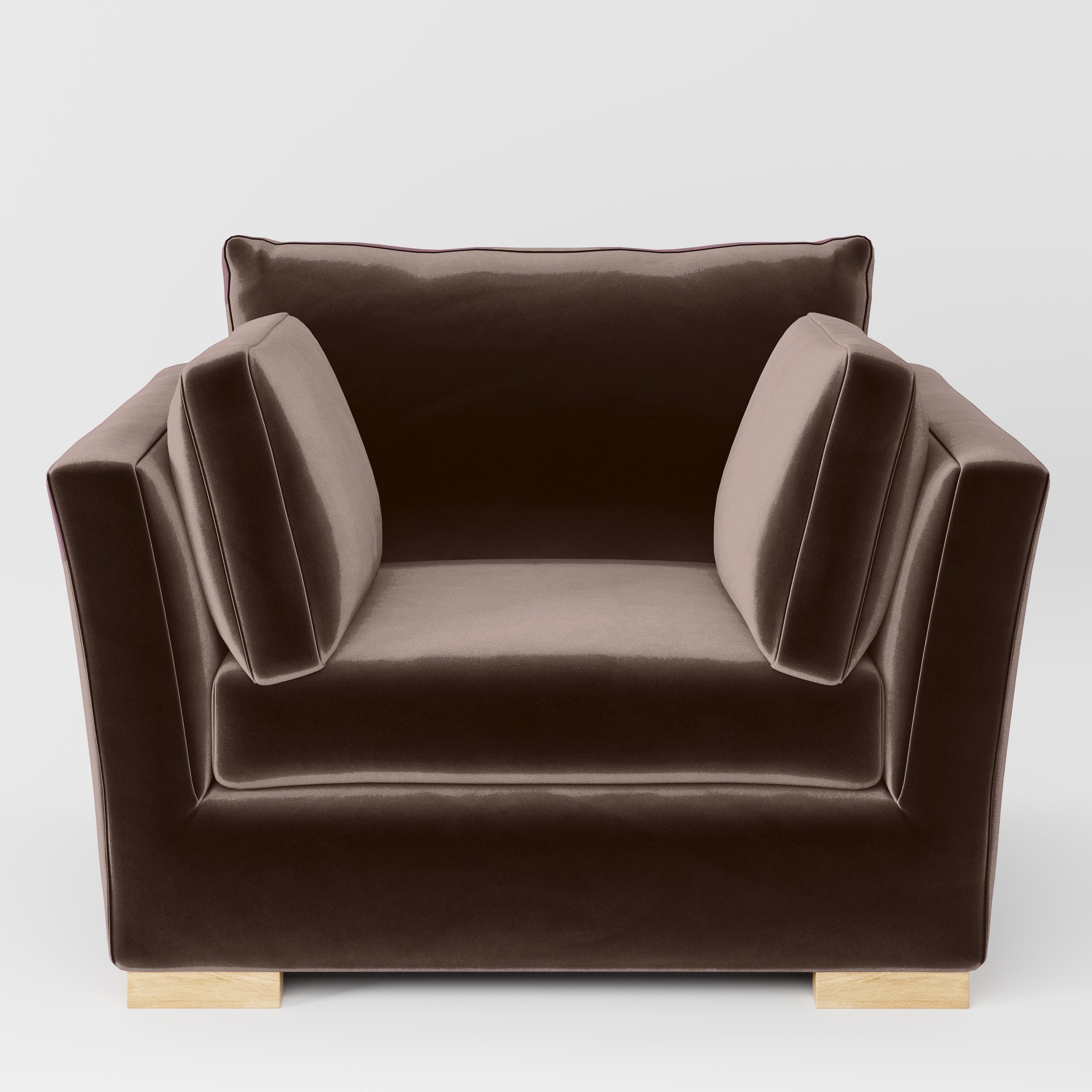 Front view of the Stowe armchair upholstered in Plush EasyClean Velvet in Mole.