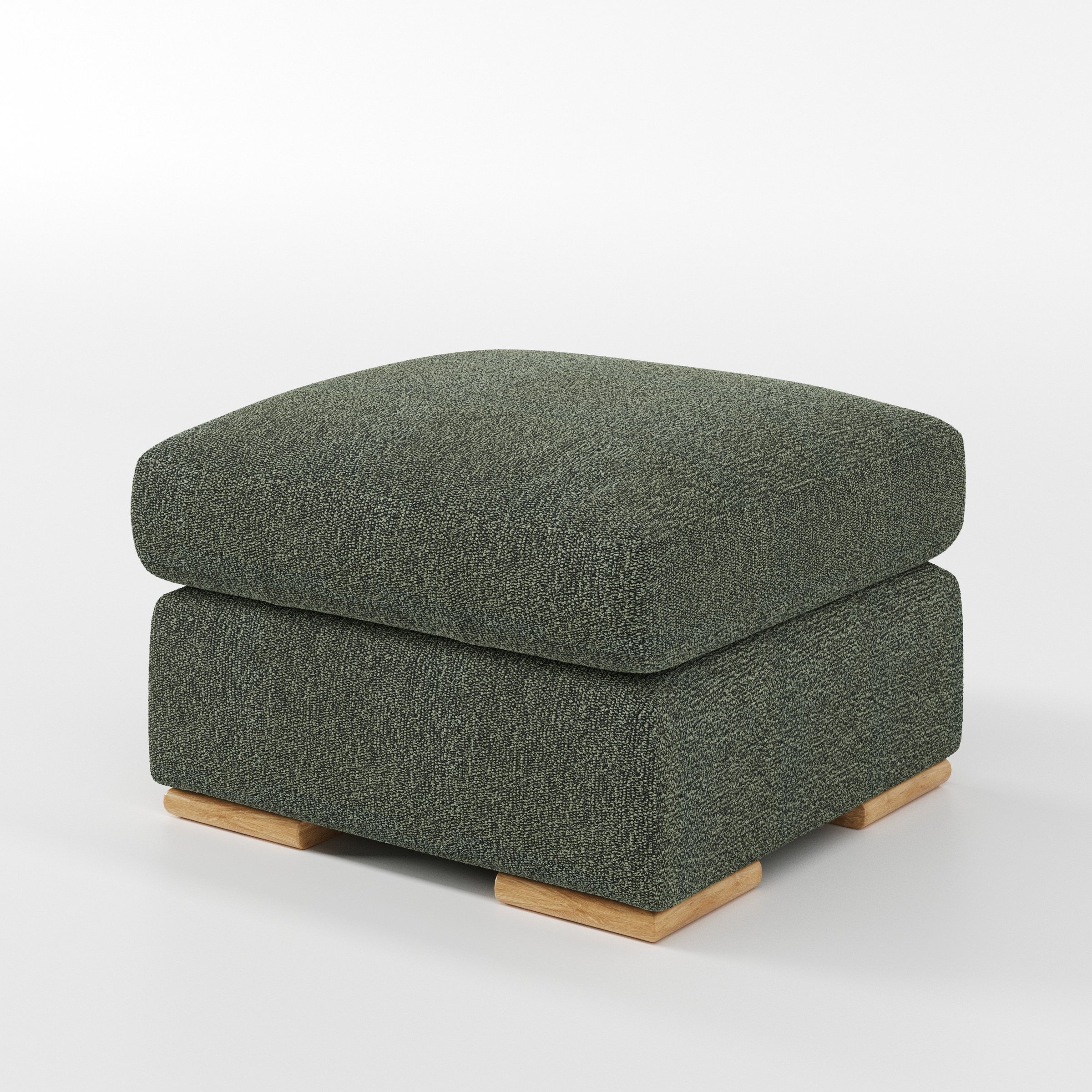 Moy footstool in Kilda Boucle Moss shown at a diagonal angle highlighting deep cushioning and low wooden base.
