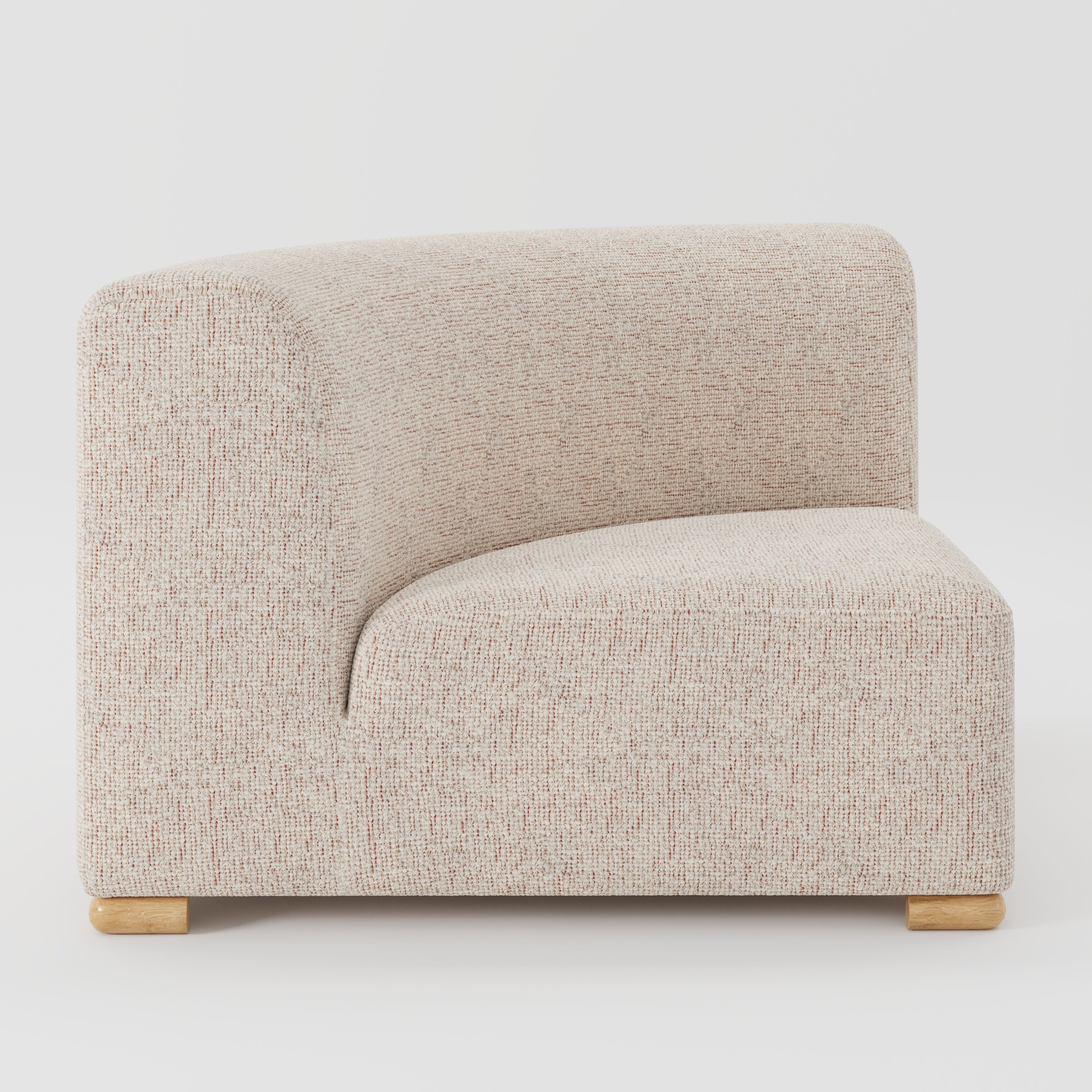 Tay corner sofa unit in Orsay Bouclé Cream and Copper shown from the side highlighting the curved backrest and deep seat with timber feet.