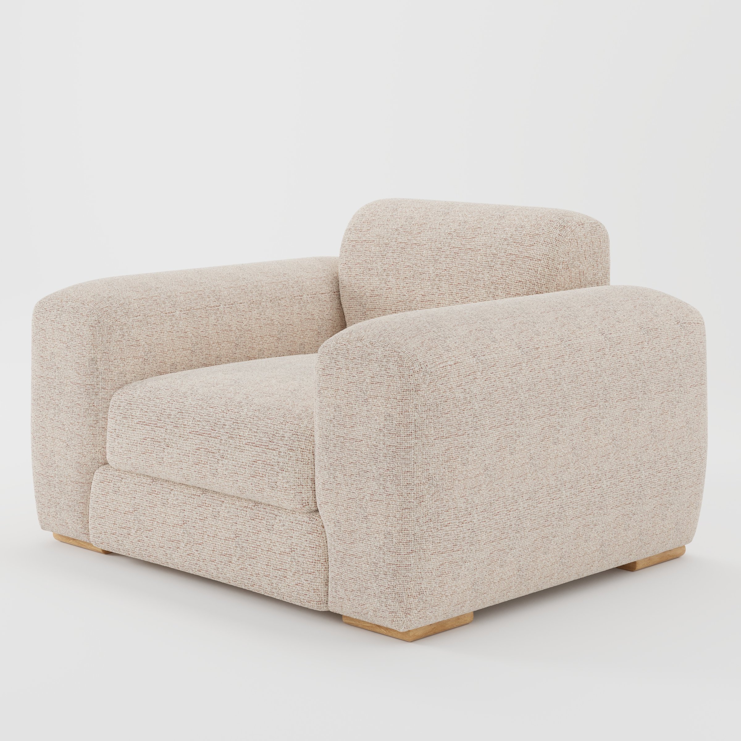 Darwell armchair in Orsay Boucle Cream and Copper shown at a diagonal angle highlighting arms and seat depth.