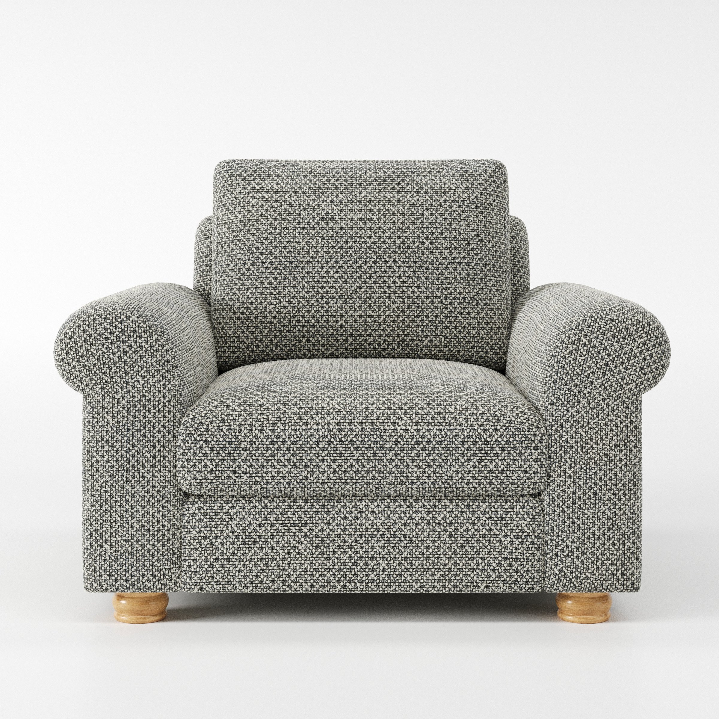 Anna Lee armchair in Rousay Wool Blend Tar and Chalk shown front-on against a neutral studio backdrop.