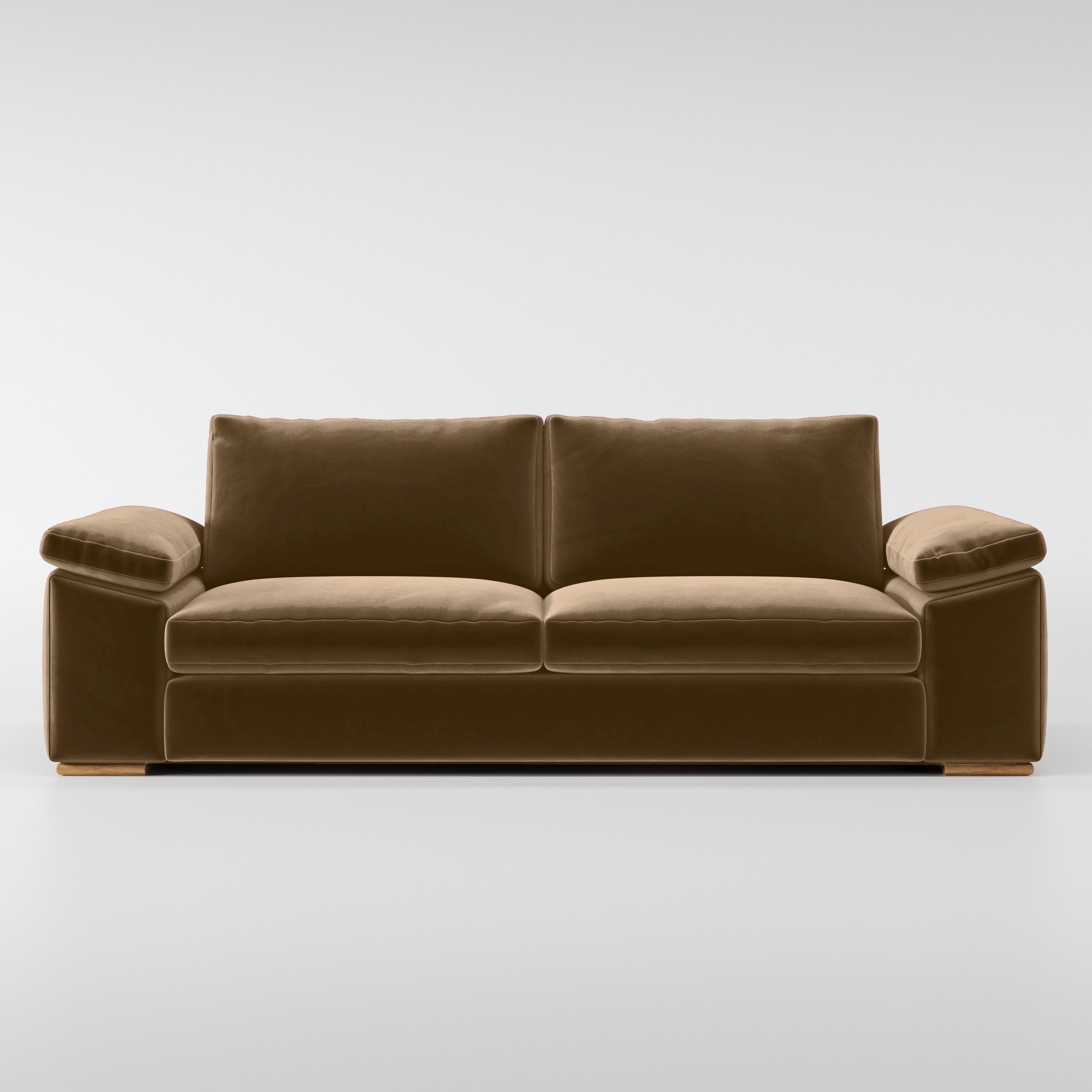 Front view of the Moy sofa upholstered in Plush EasyClean Velvet in Caribou.