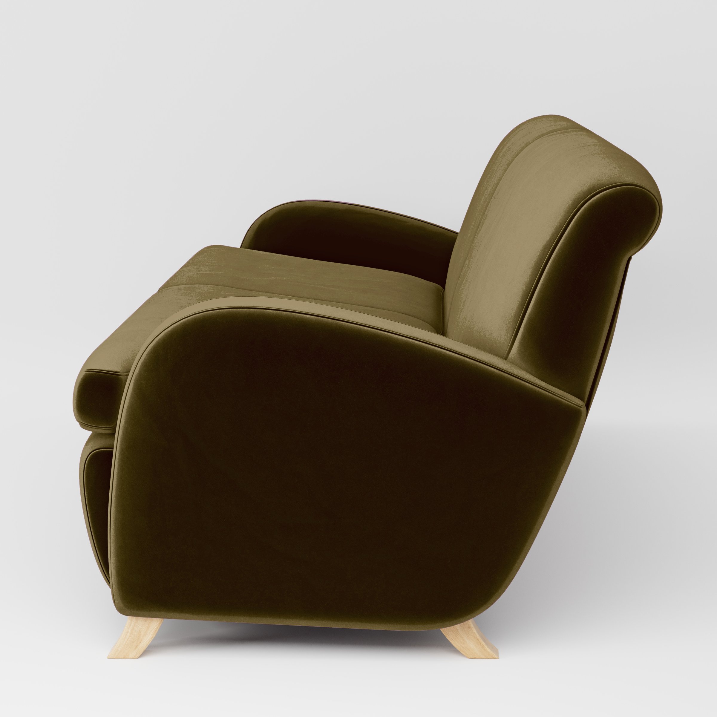 Side view of the Rye sofa upholstered in Plush EasyClean Velvet in Cedar.