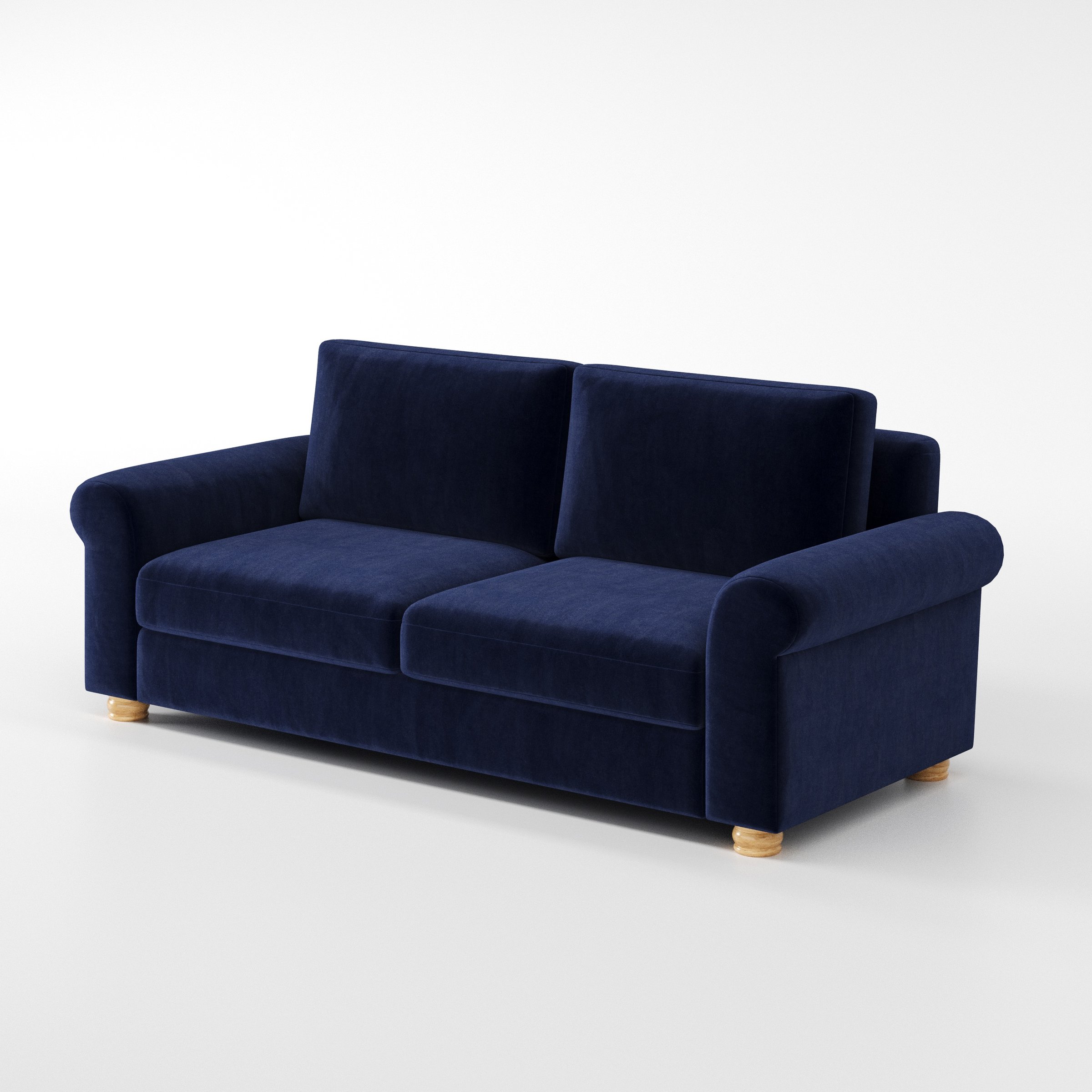 Anna Lee sofa in Noss Velvet Navy shown at a diagonal angle highlighting arm profile and seat depth.