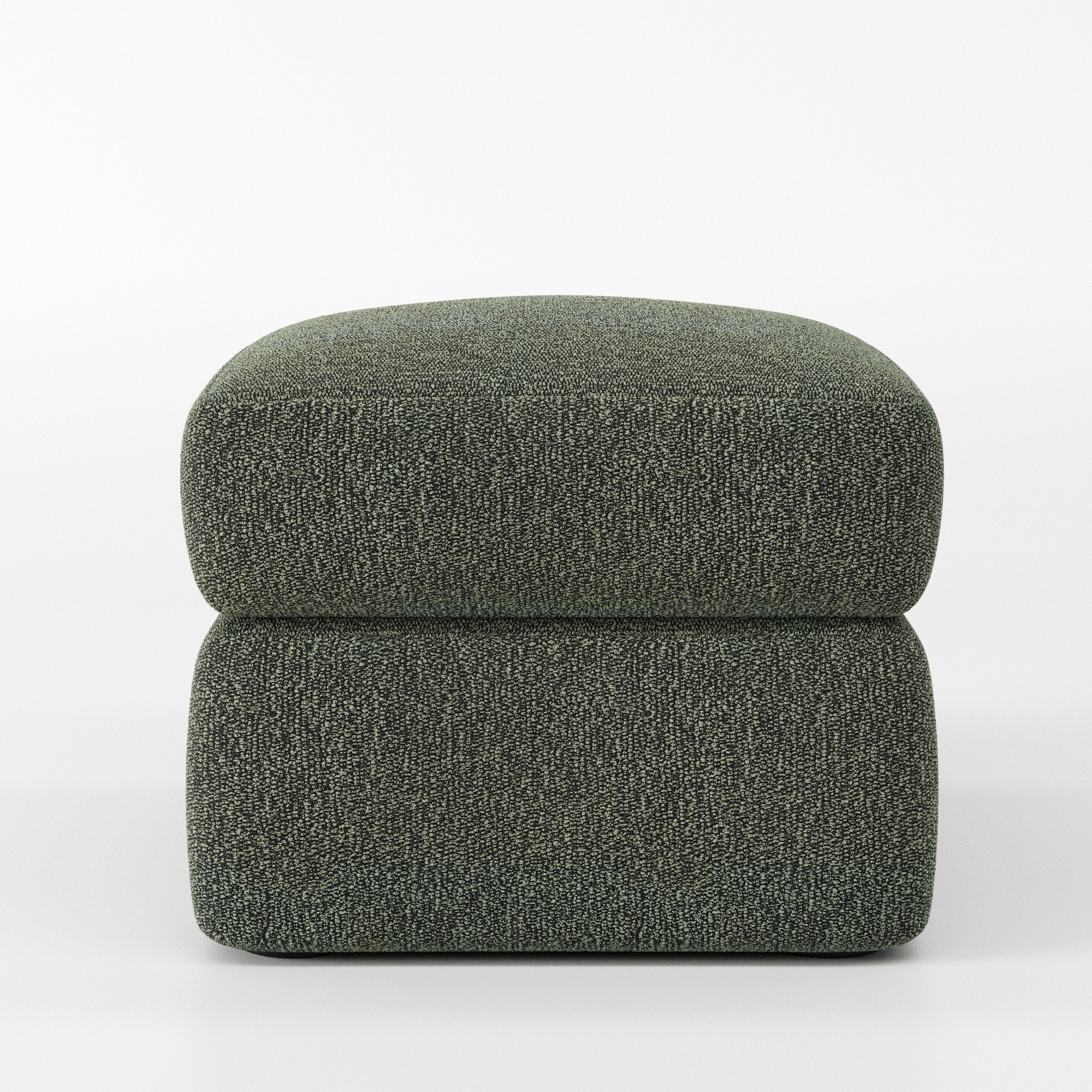 Coniston footstool in Kilda Boucle Moss shown front-on against a neutral studio backdrop.