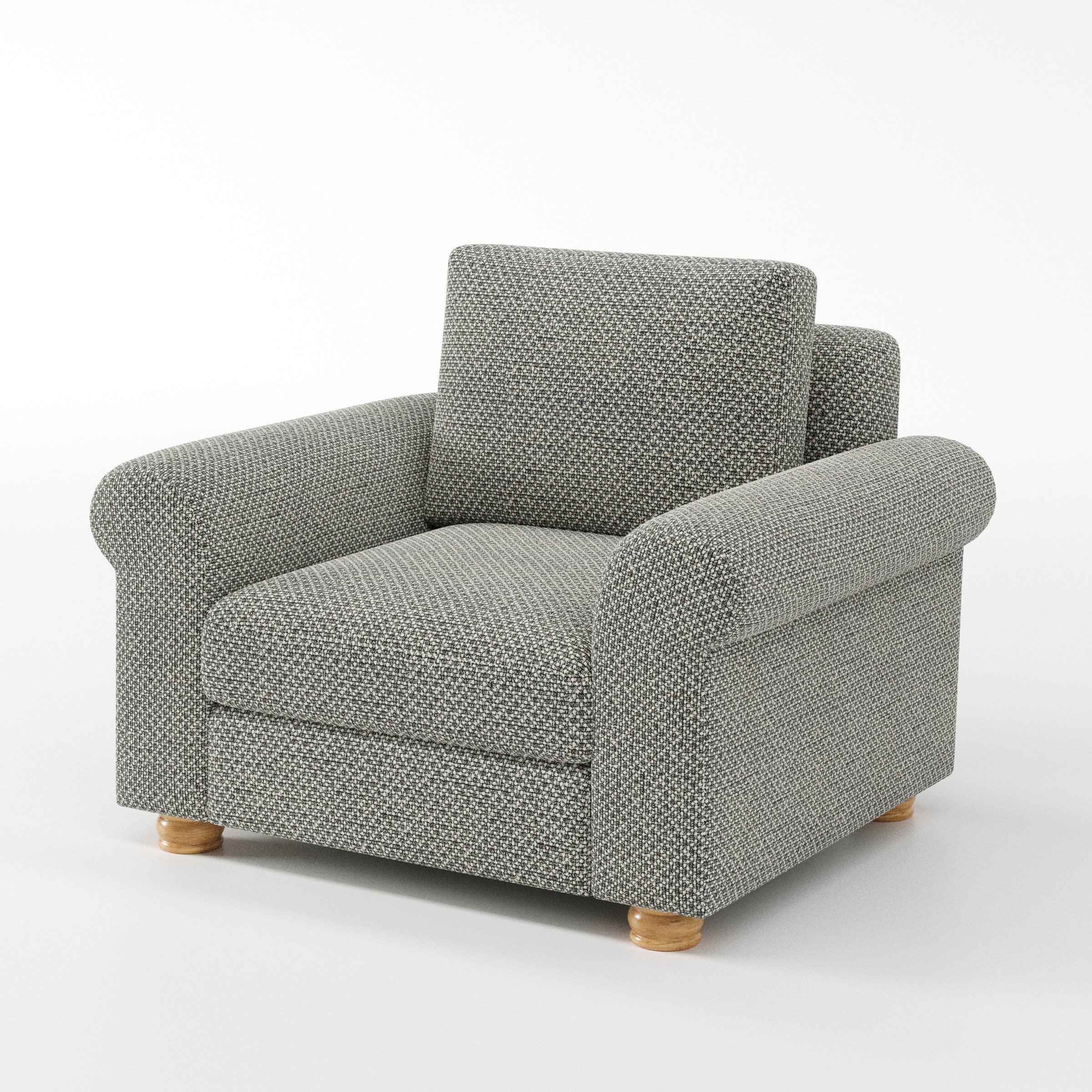 Anna Lee armchair in Rousay Wool Blend Tar and Chalk shown at a diagonal angle highlighting arms and seat depth.